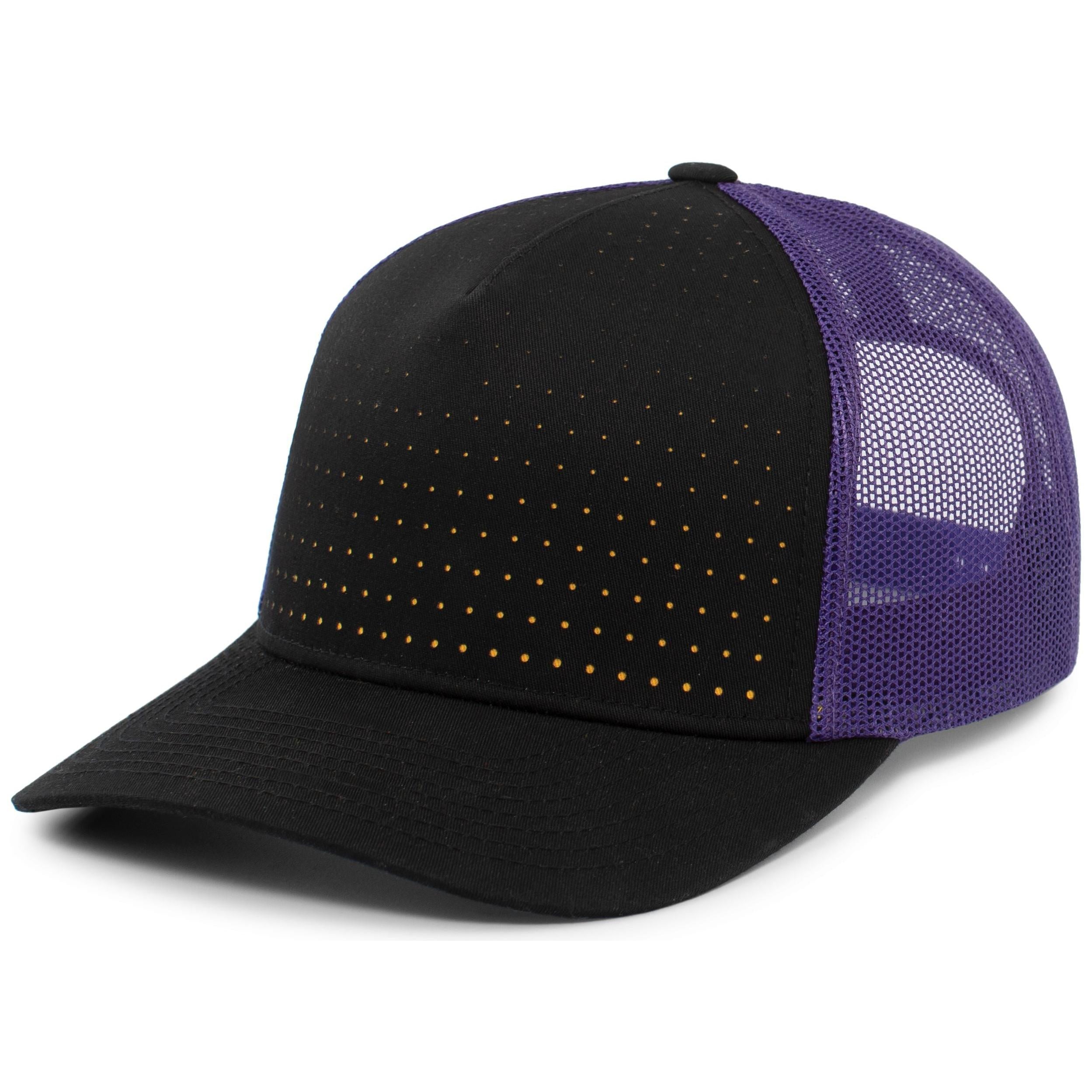 Perforated 5-Panel Trucker Snapback Cap - OS - BLACK/PURPLE/GOLD