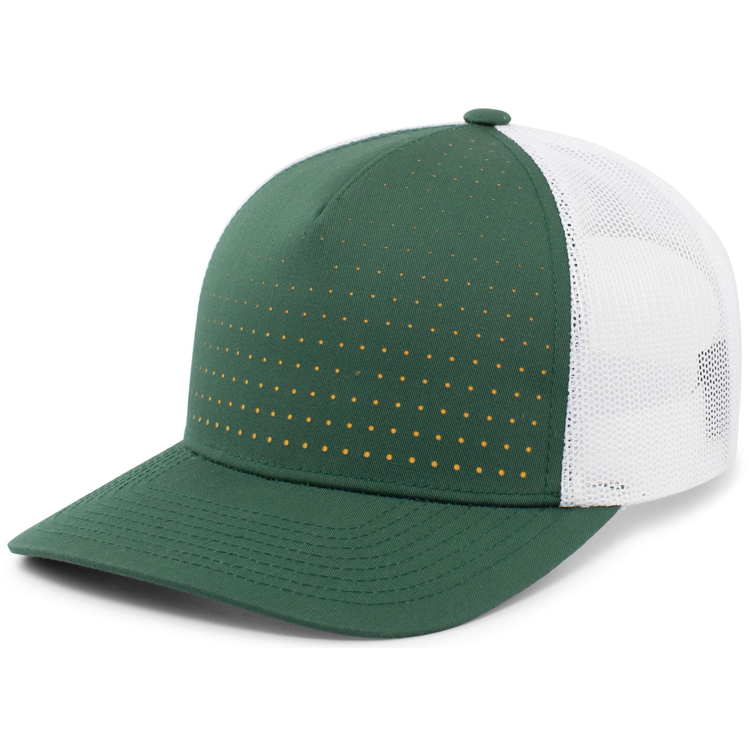Perforated 5-Panel Trucker Snapback Cap - OS - DARK GREEN/WHITE/GOLD