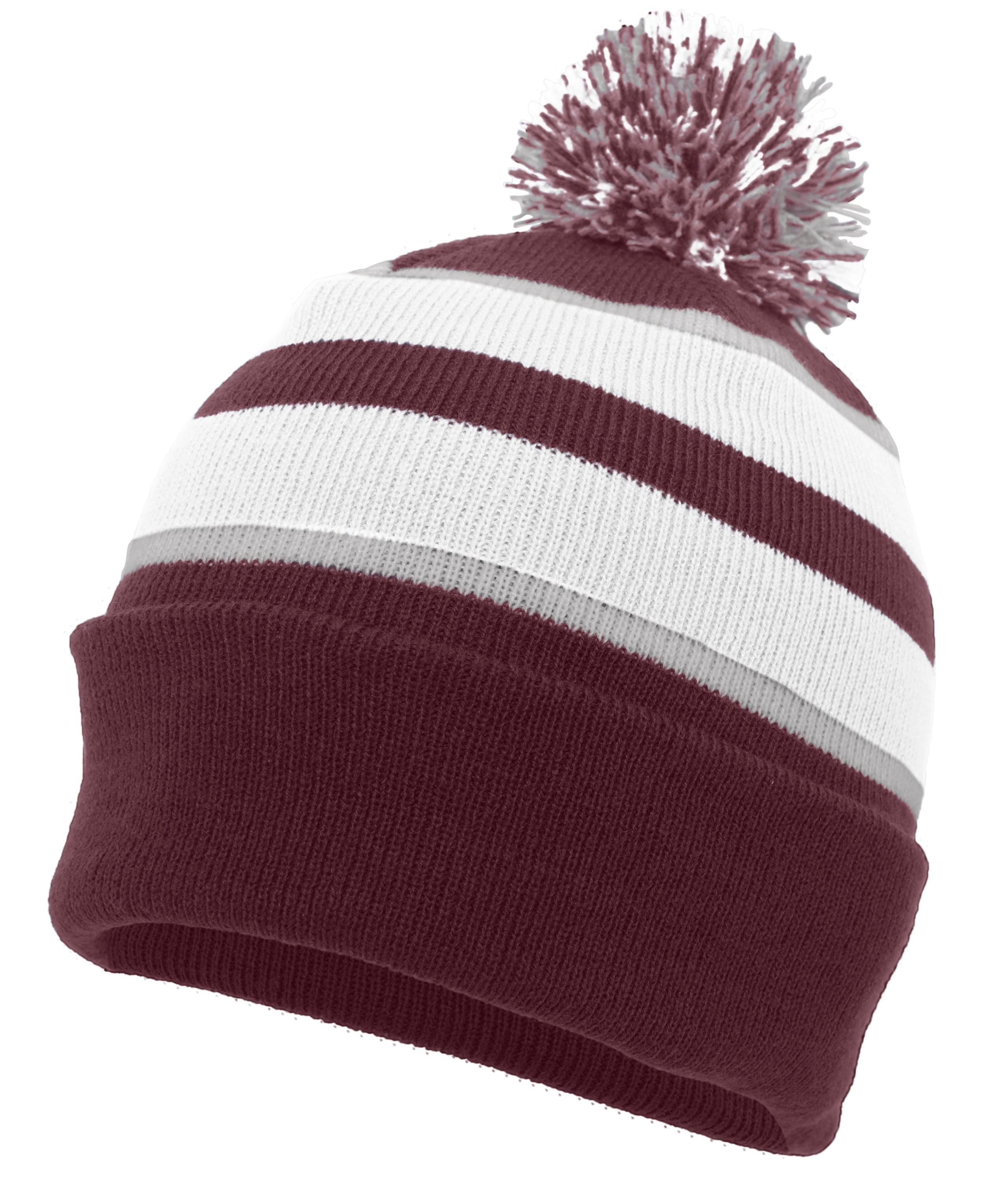 Knit Fold Over Pom-Pom Beanie - OS - MAROON/WHITE/SILVER