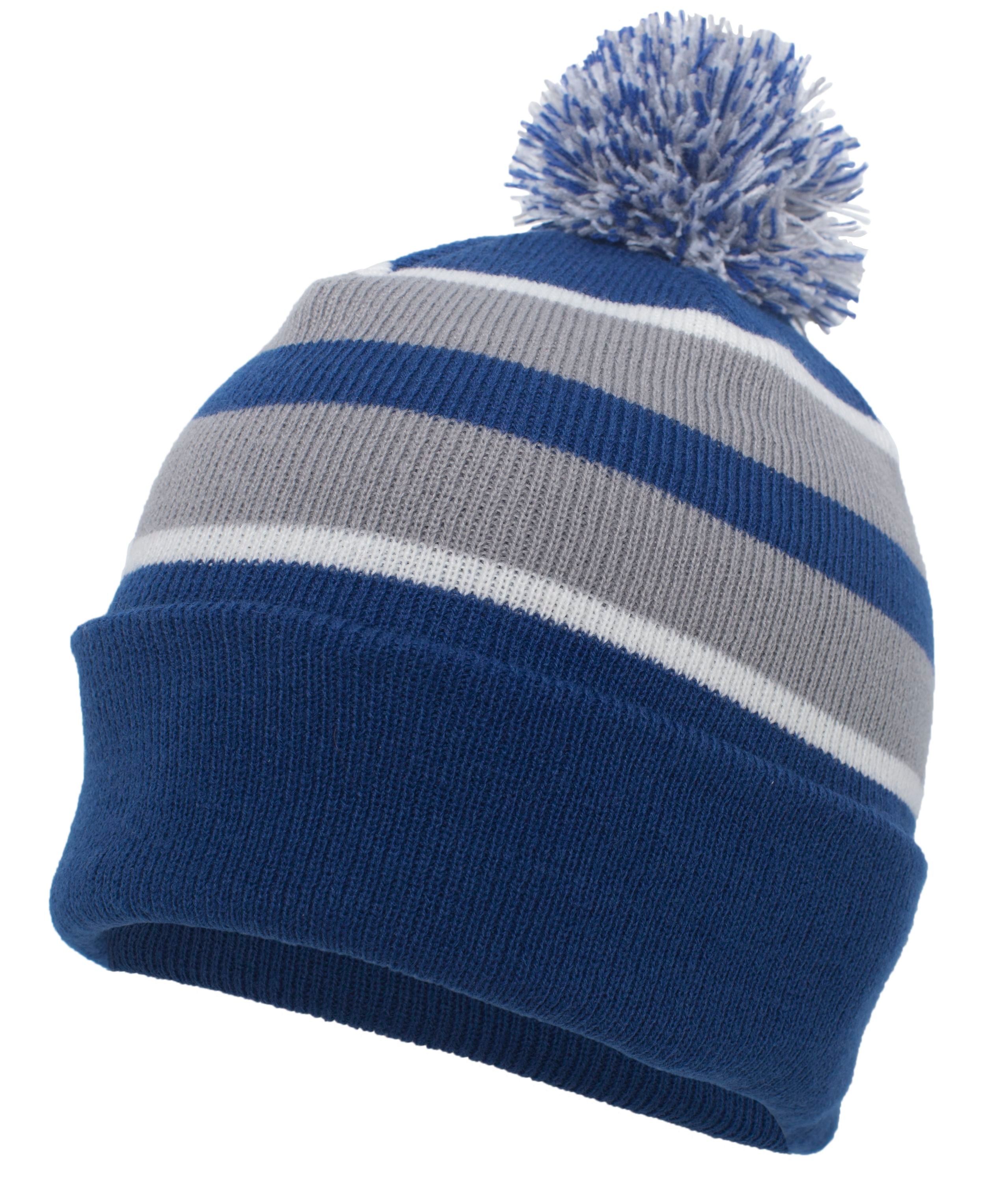 Knit Fold Over Pom-Pom Beanie - OS - ROYAL/SILVER/WHITE
