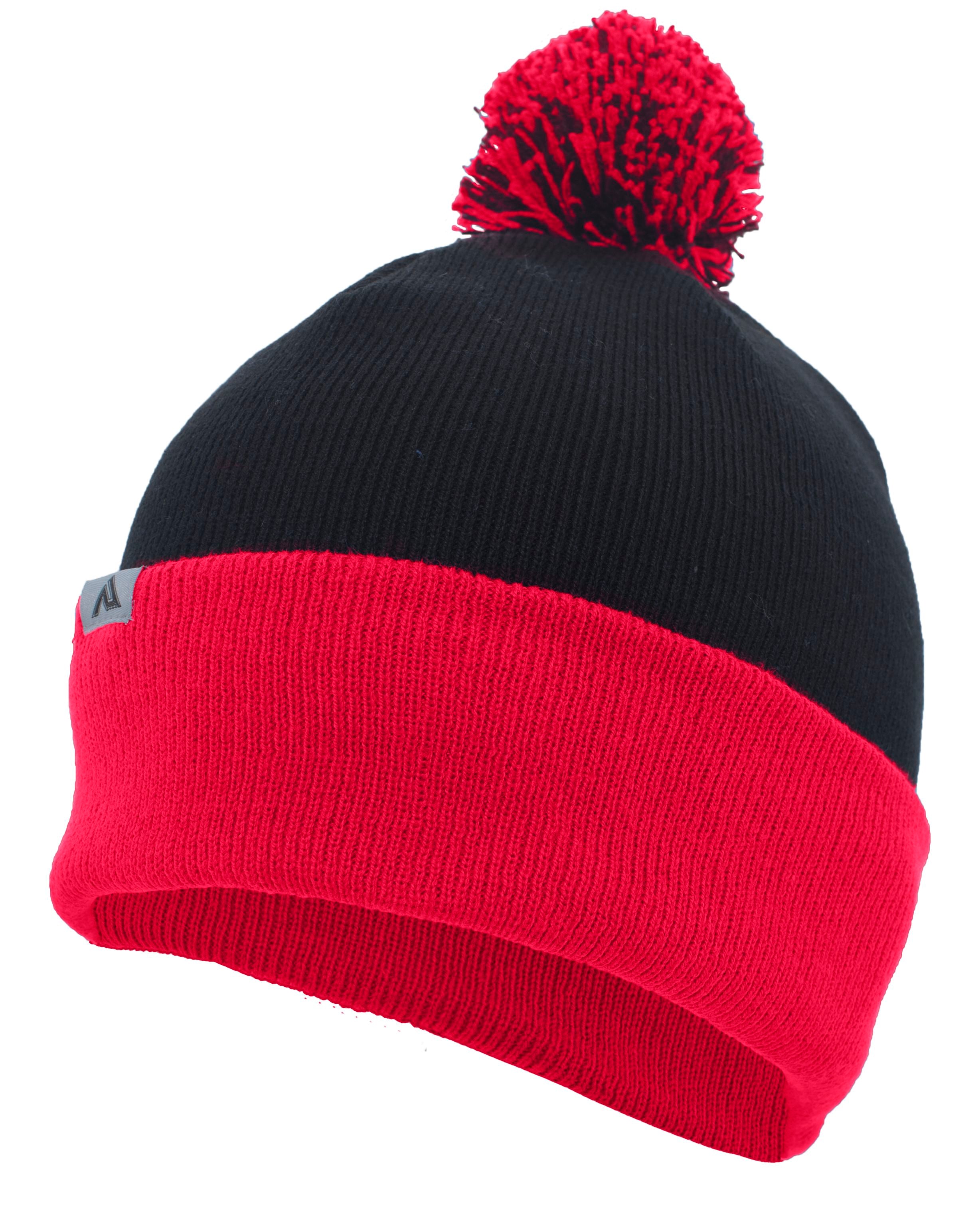 Knit Fold Over Pom-Pom Beanie - OS - BLACK/RED