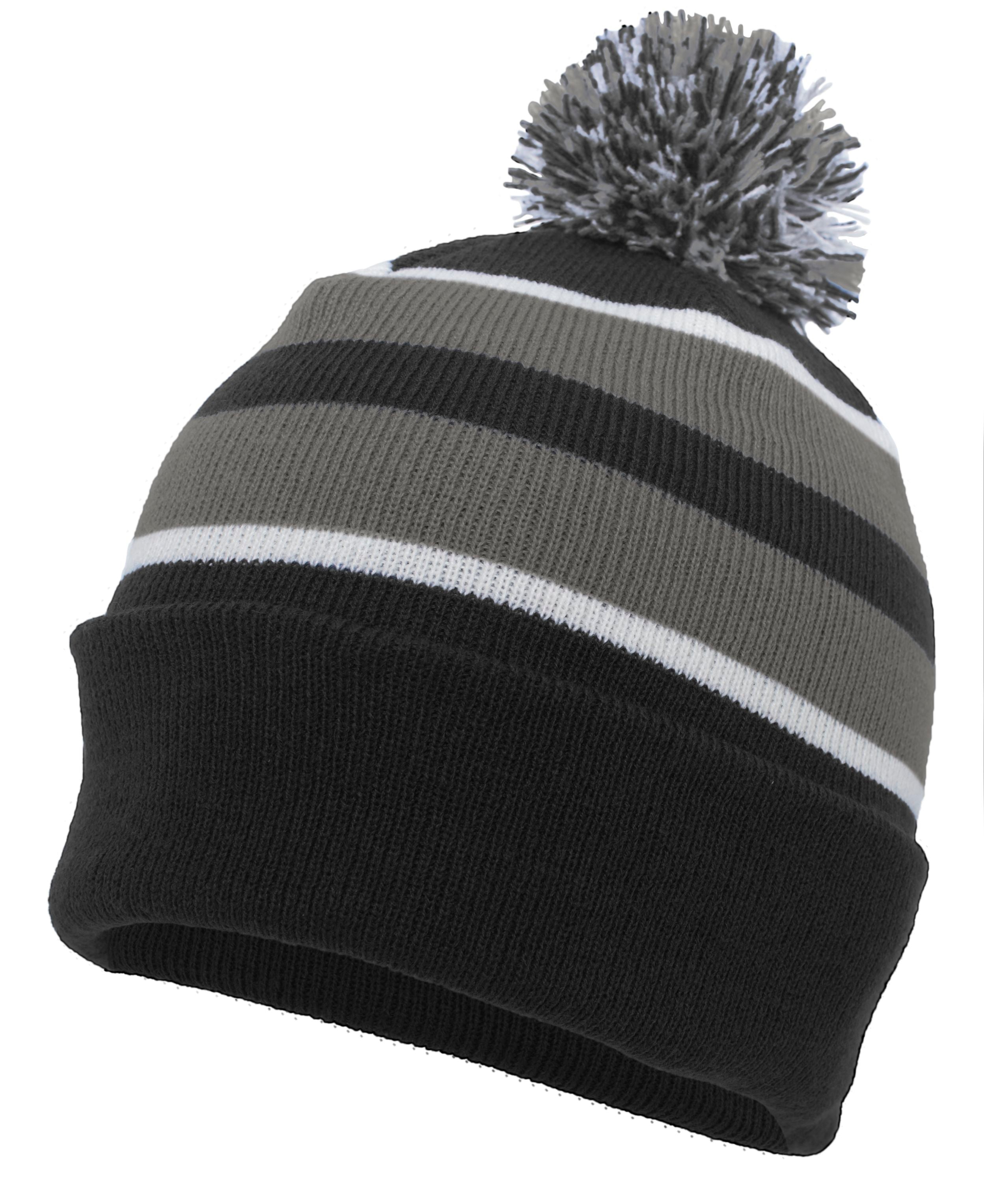 Knit Fold Over Pom-Pom Beanie - OS - BLACK/GRAPHITE/WHITE