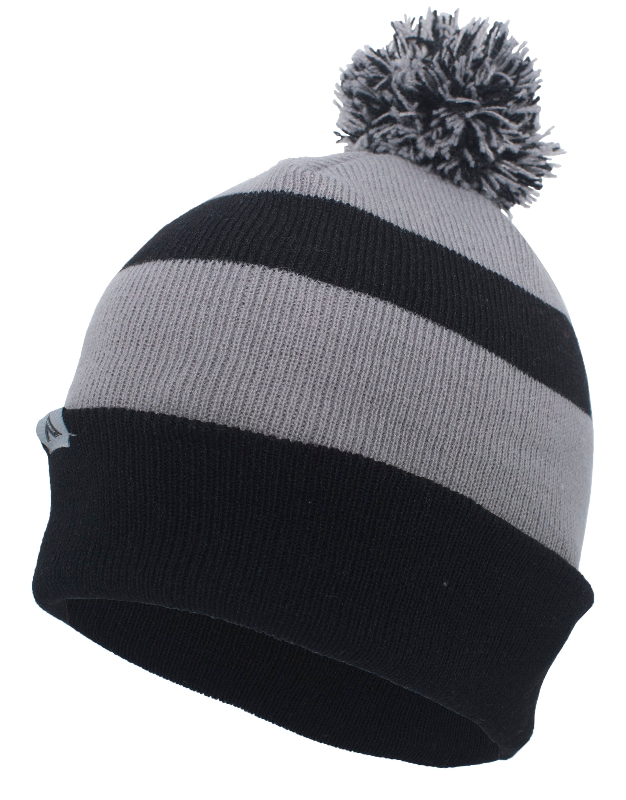 Knit Fold Over Pom-Pom Beanie - OS - BLACK/SILVER/BLACK