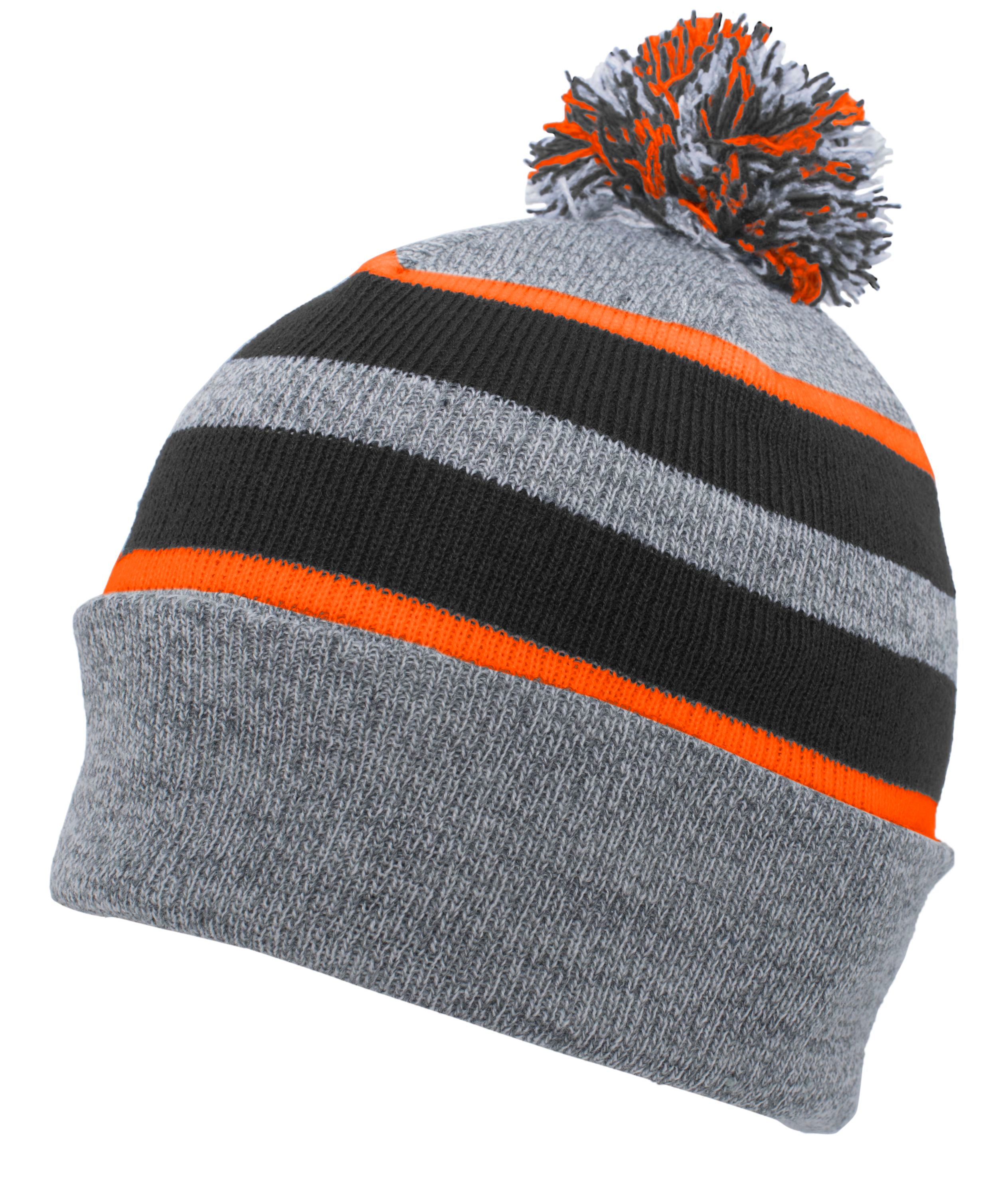 Knit Fold Over Pom-Pom Beanie - OS - HEATHER/BLACK/ORANGE
