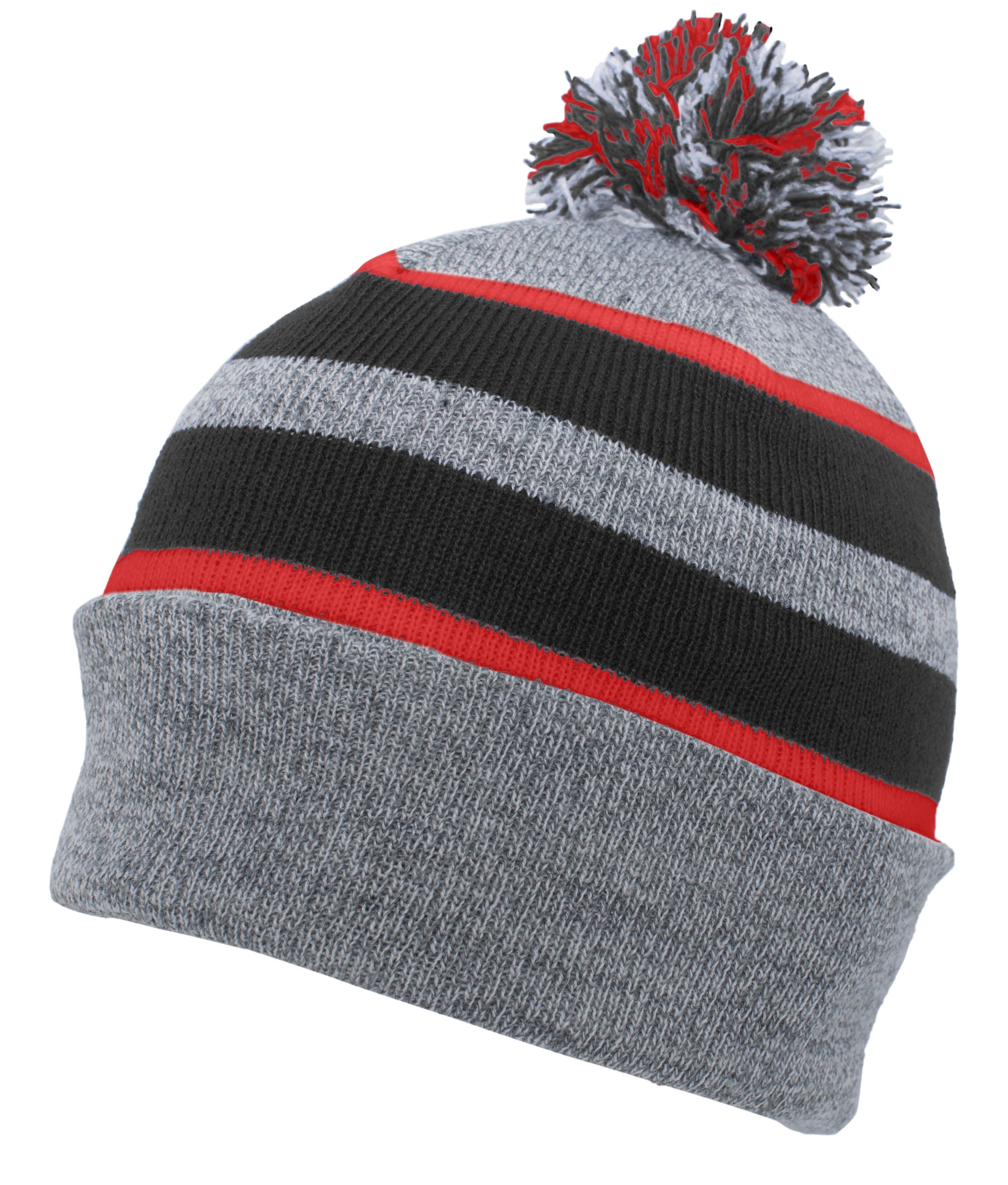 Knit Fold Over Pom-Pom Beanie - OS - HEATHER/BLACK/RED