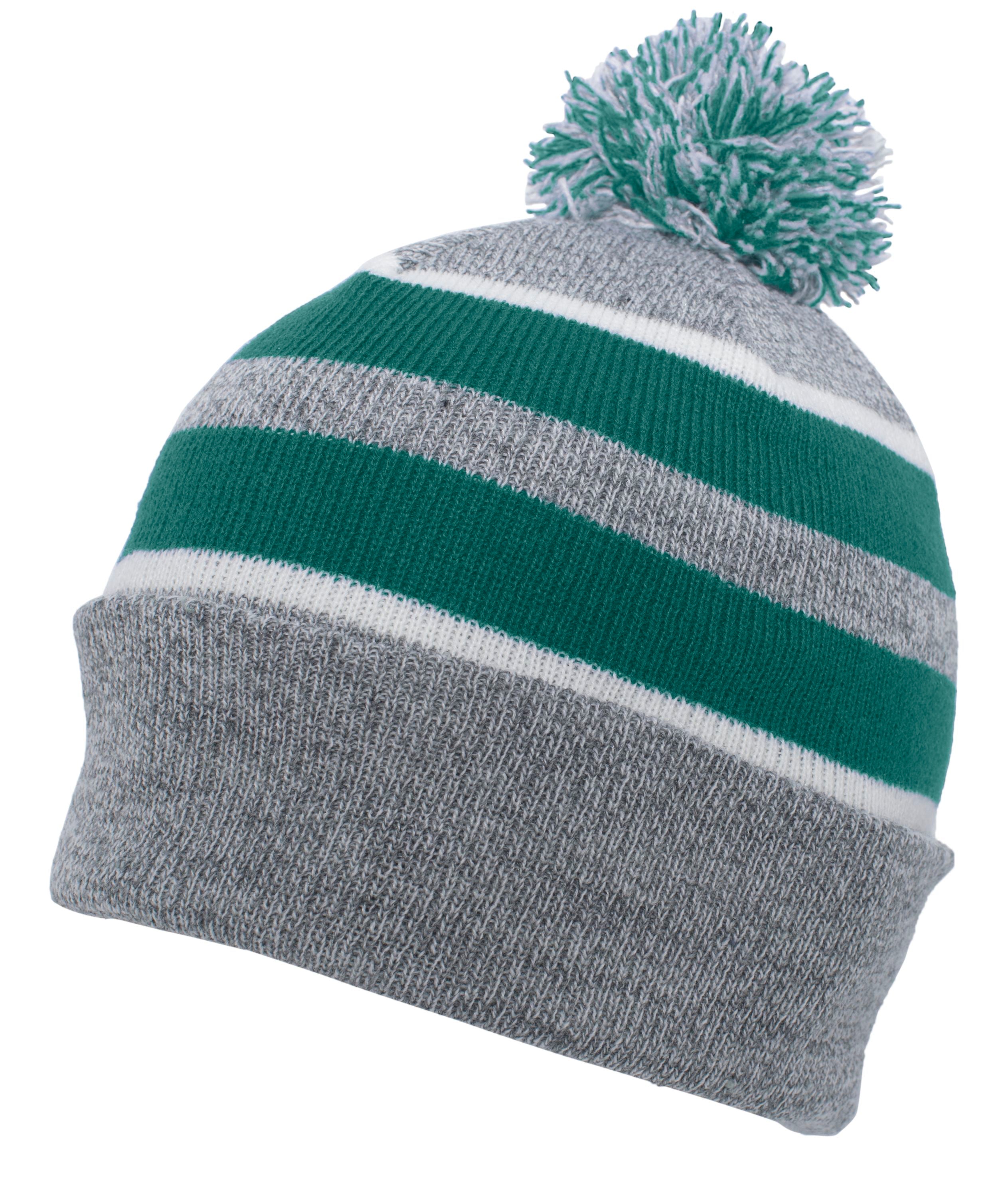 Knit Fold Over Pom-Pom Beanie - OS - HEATHER/KELLY/WHITE
