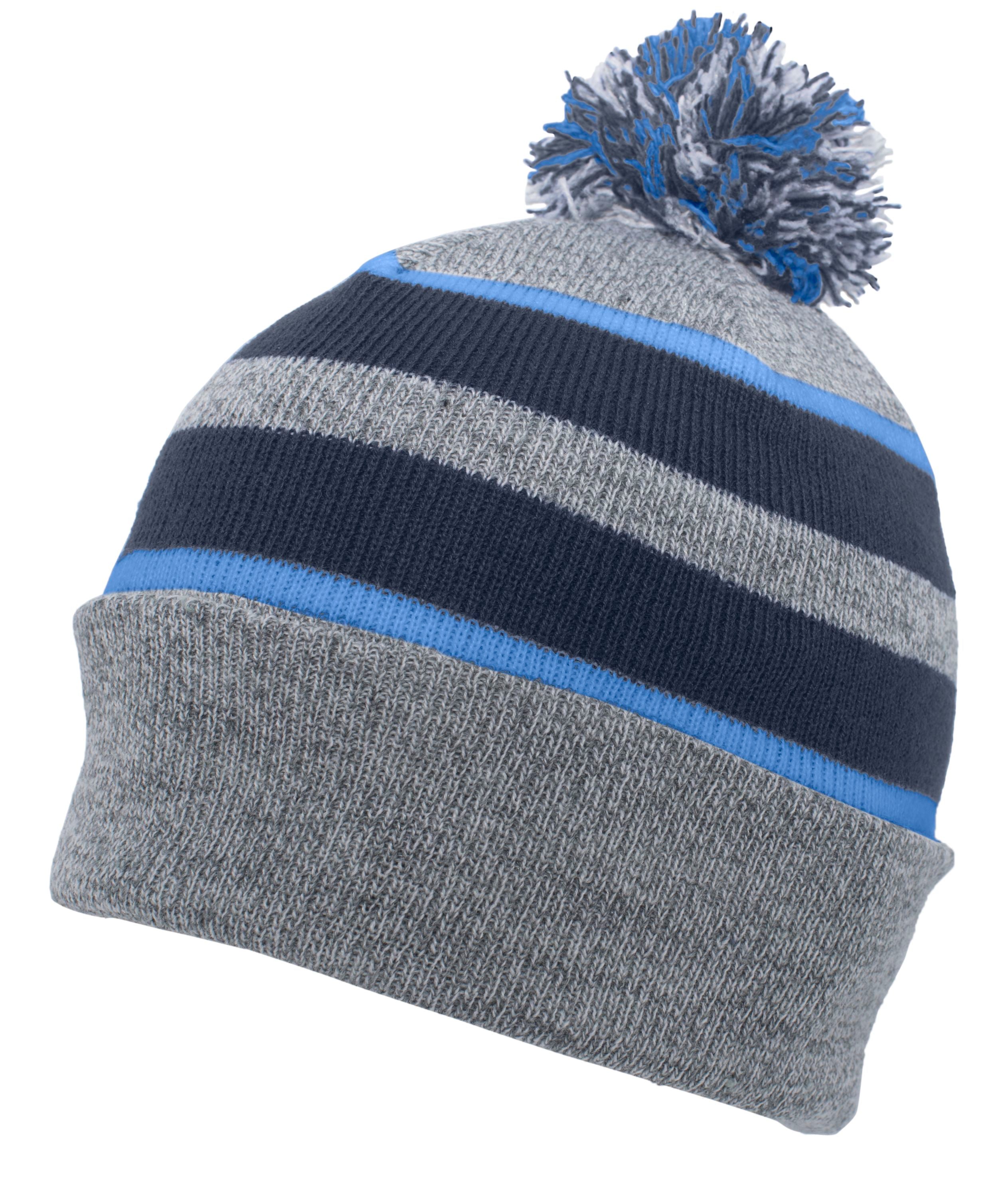 Knit Fold Over Pom-Pom Beanie - OS - HEATHER/NAVY/COLUMBIA BLUE