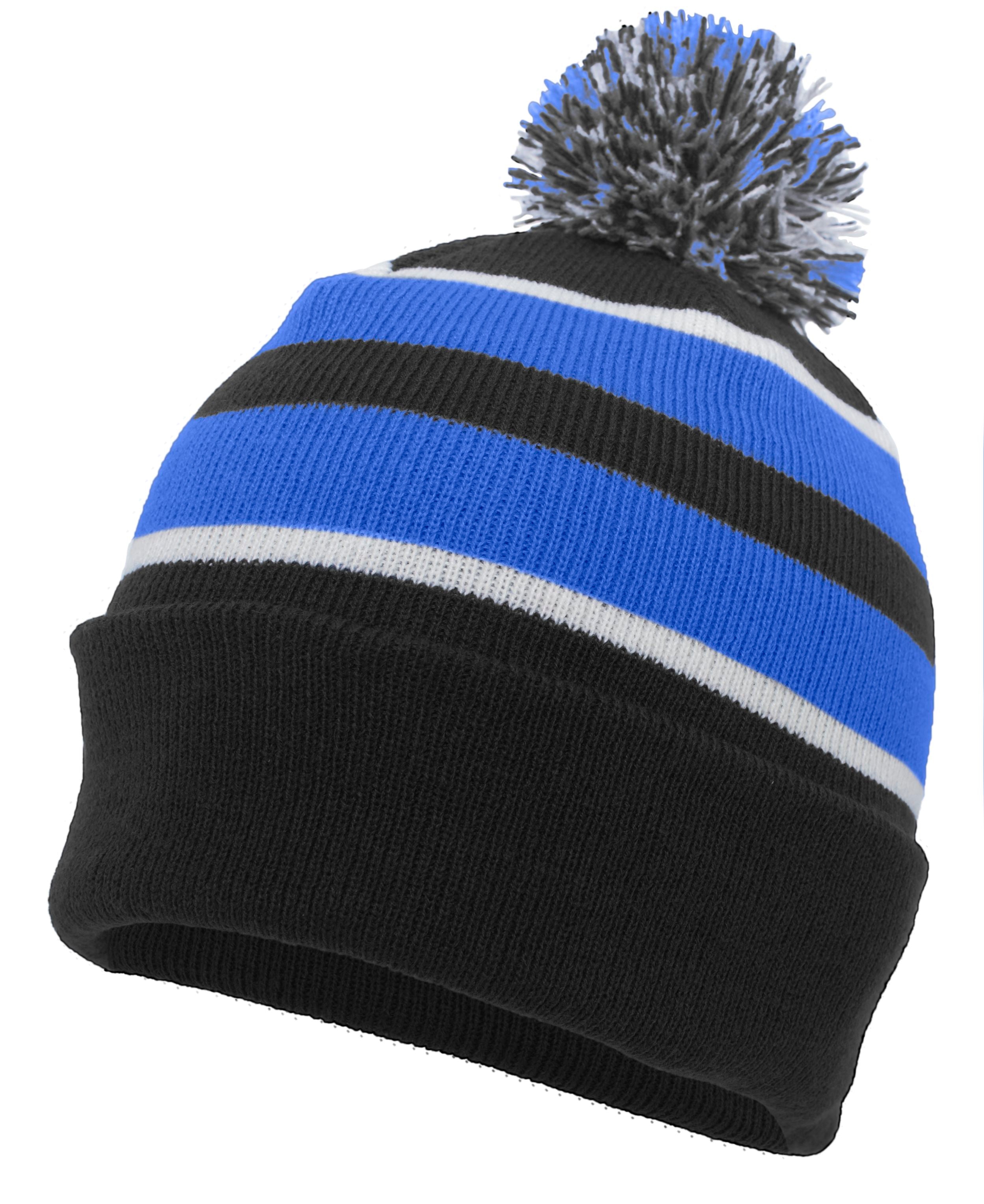Knit Fold Over Pom-Pom Beanie - OS - BLACK/ROYAL/WHITE