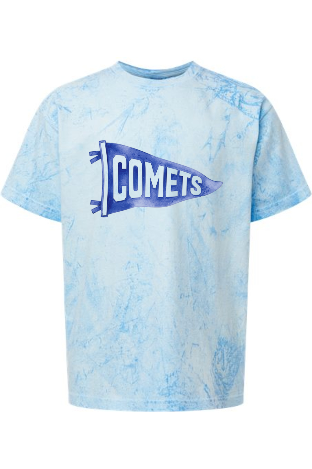 Youth Central Comets Watercolor Pennant tee in Fiji Blue, front view