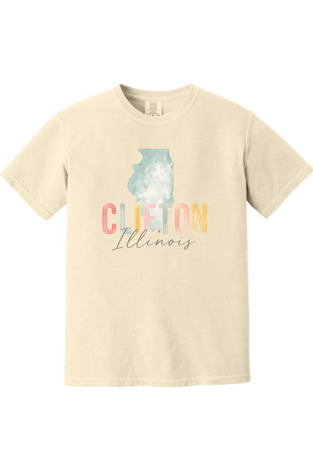 Clifton, Illinois watercolor design tee in Ivory, front view