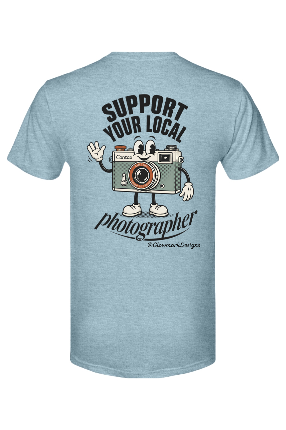 Support Your Local Photographer tee in Stonewash Denim, back view