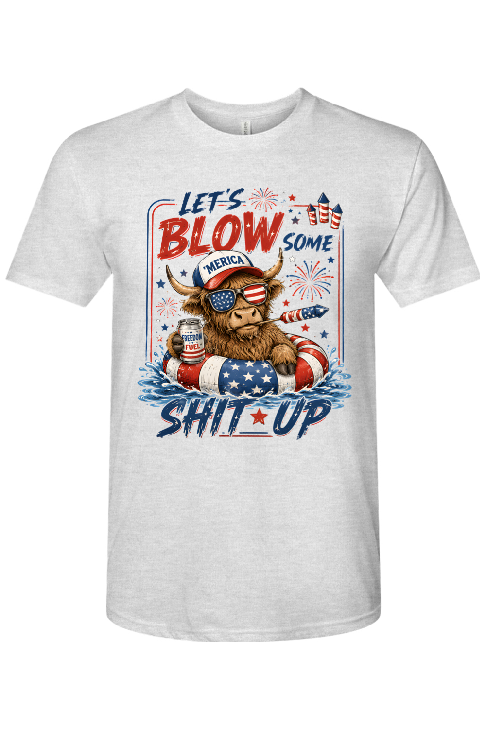 Let's Blow S*** Up Fourth of July fireworks tee in Heather White, front view