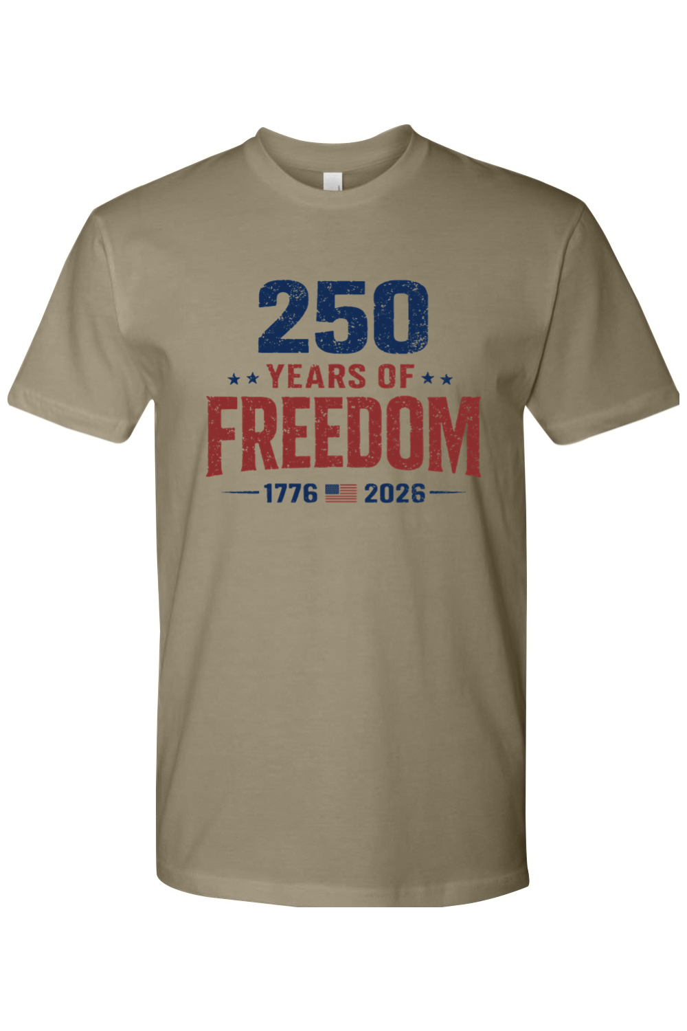 250 Years of Freedom American flag tee in Light Olive, front view