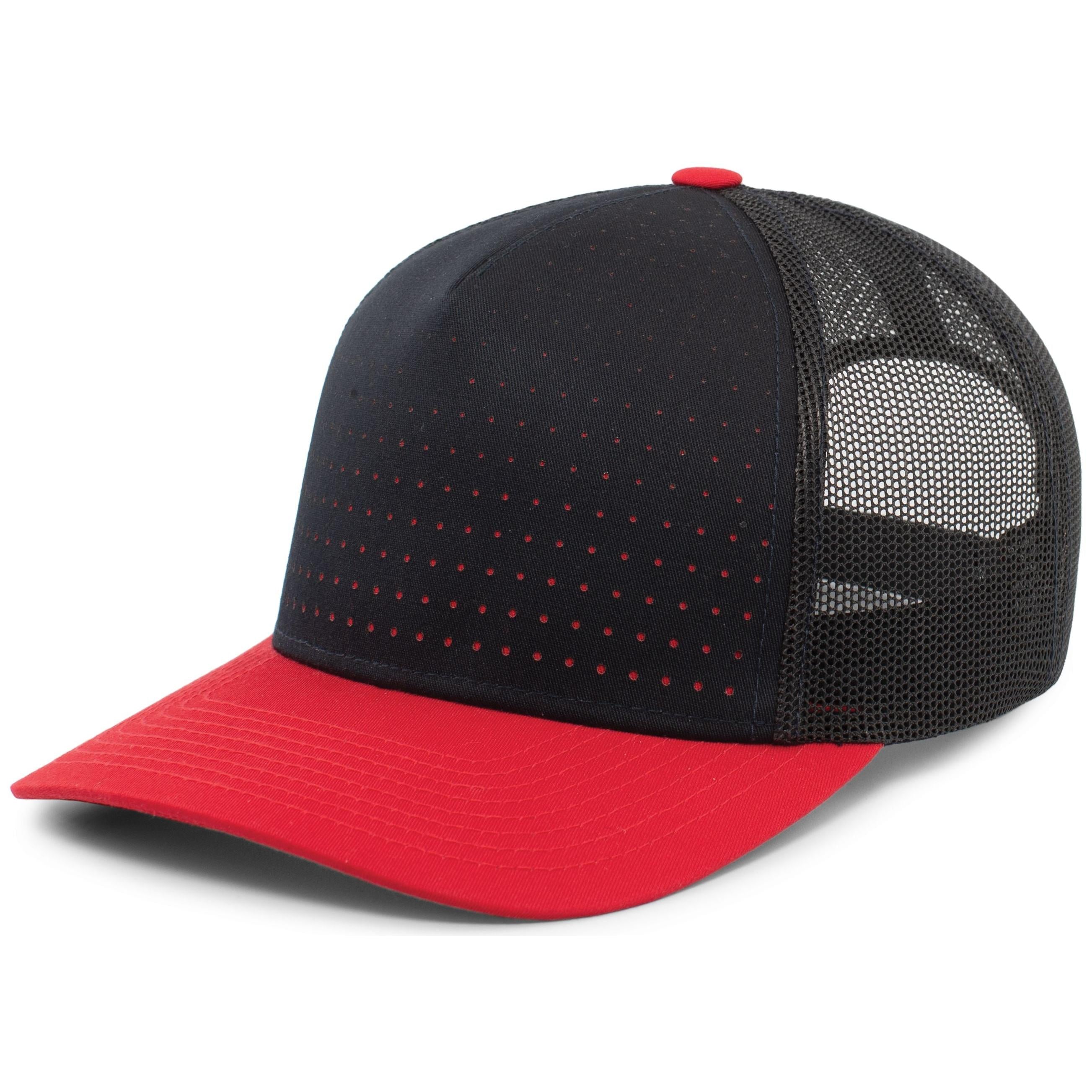 Perforated 5-Panel Trucker Snapback Cap - OS - NAVY/RED