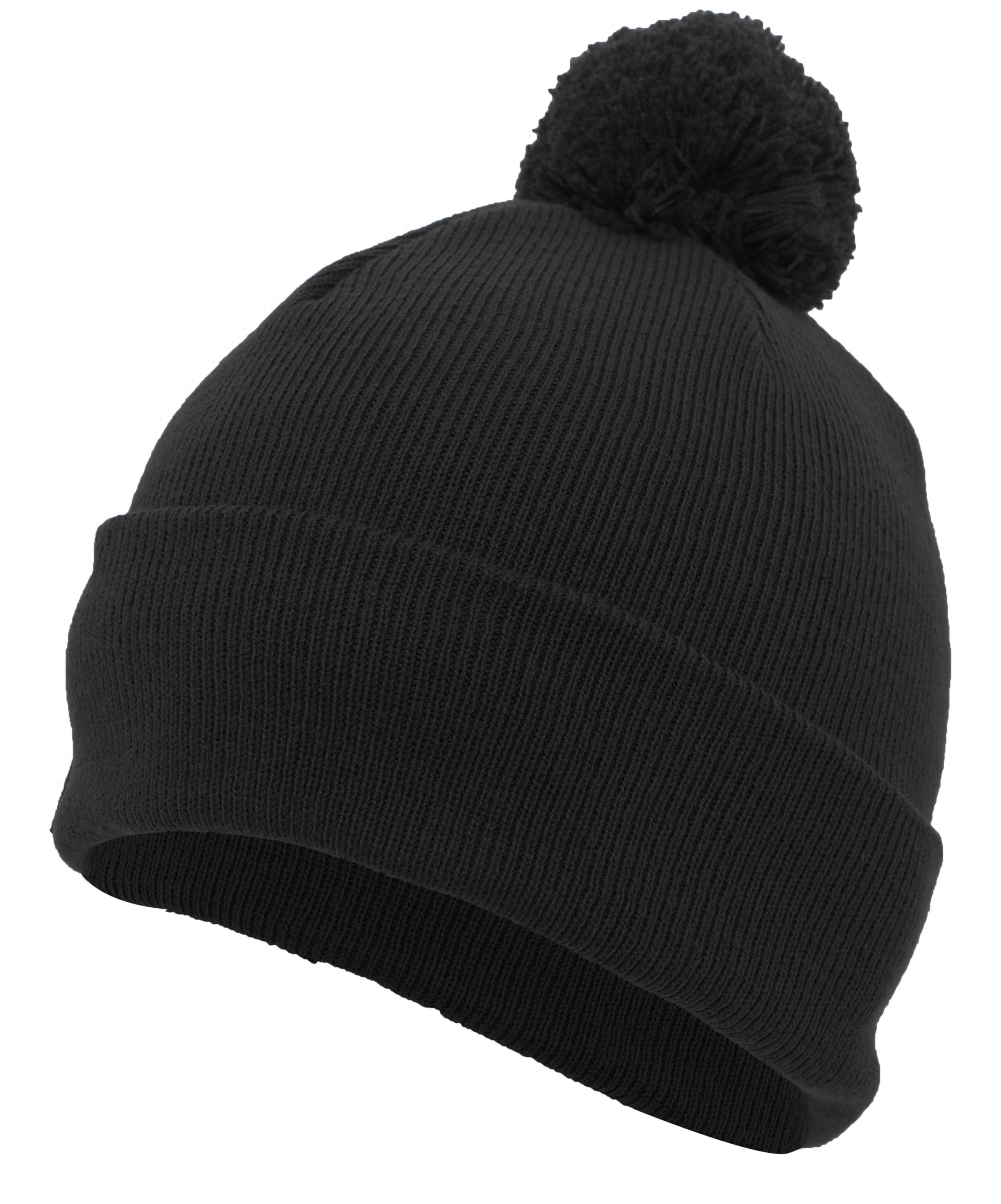 Knit Fold Over Pom-Pom Beanie - OS - BLACK