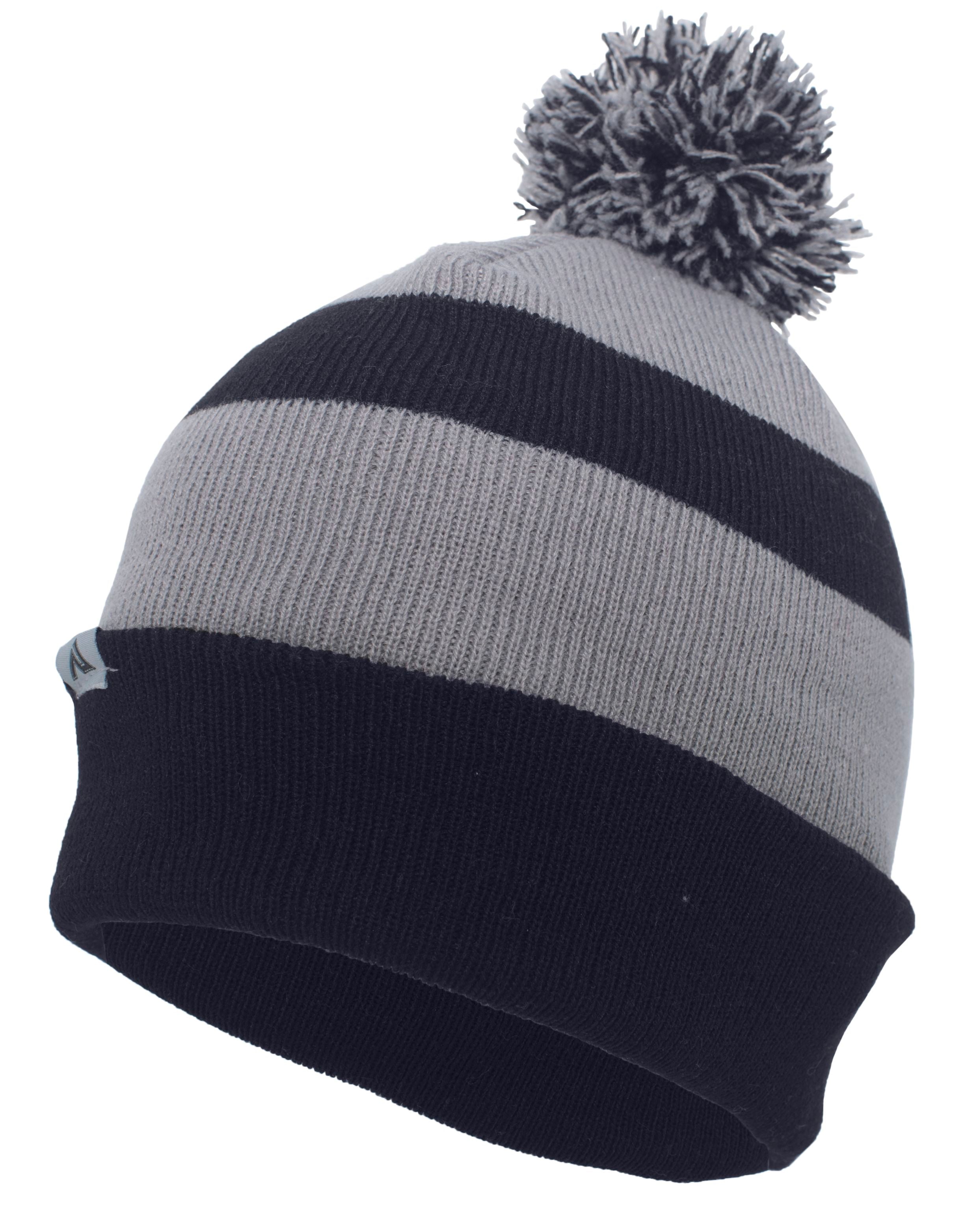 Knit Fold Over Pom-Pom Beanie - OS - NAVY/SILVER/NAVY