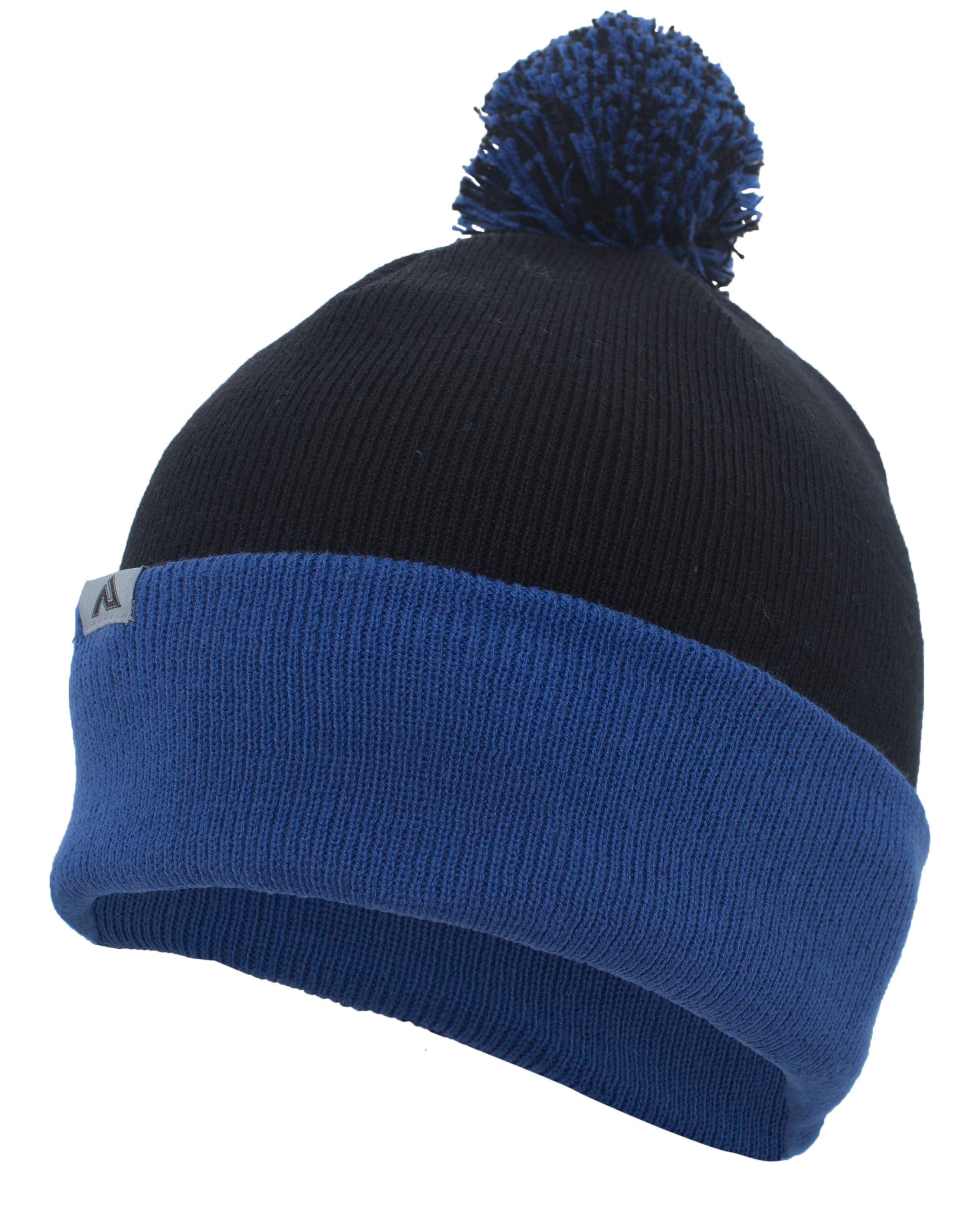 Knit Fold Over Pom-Pom Beanie - OS - BLACK/ROYAL