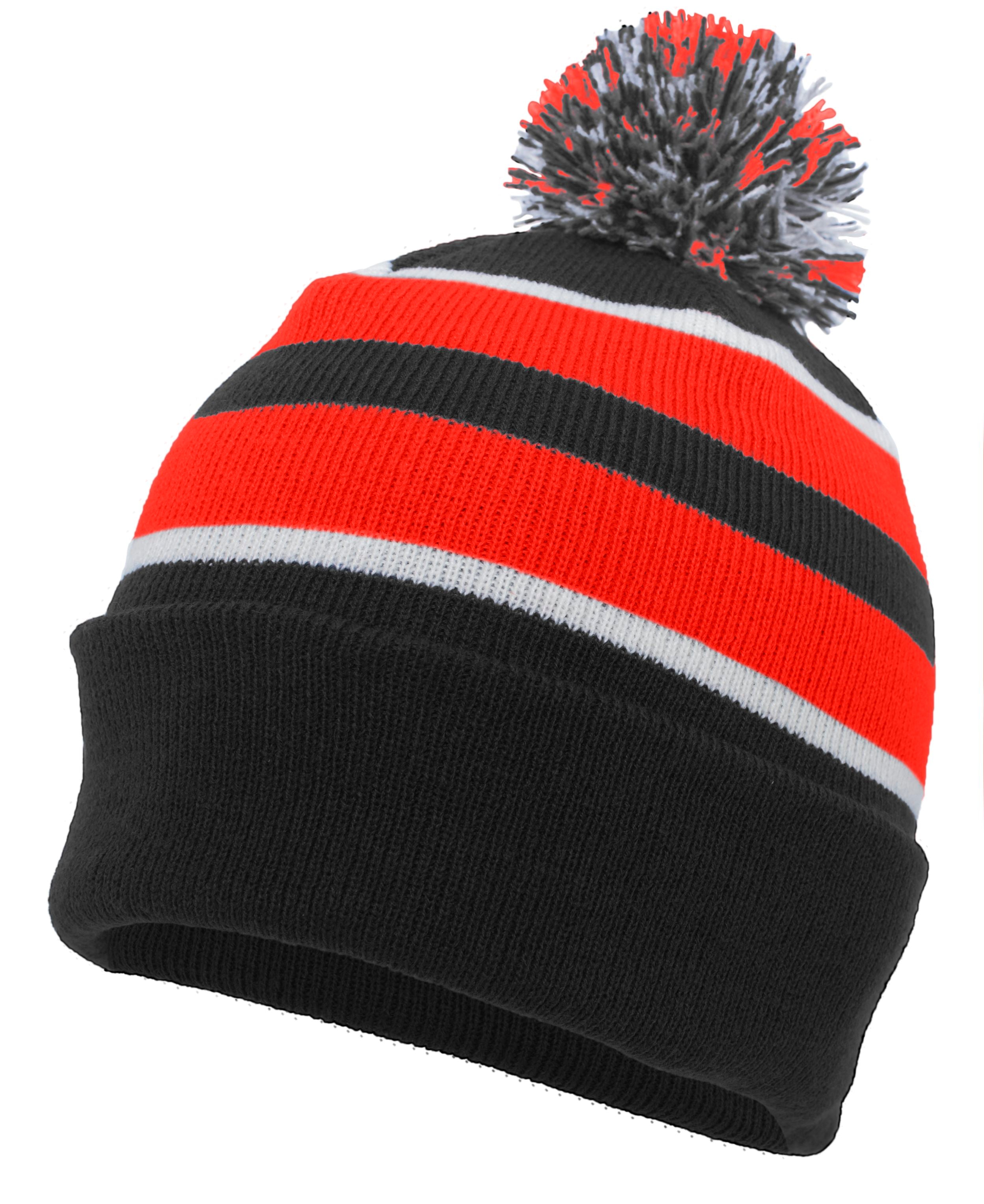 Knit Fold Over Pom-Pom Beanie - OS - BLACK/RED/WHITE
