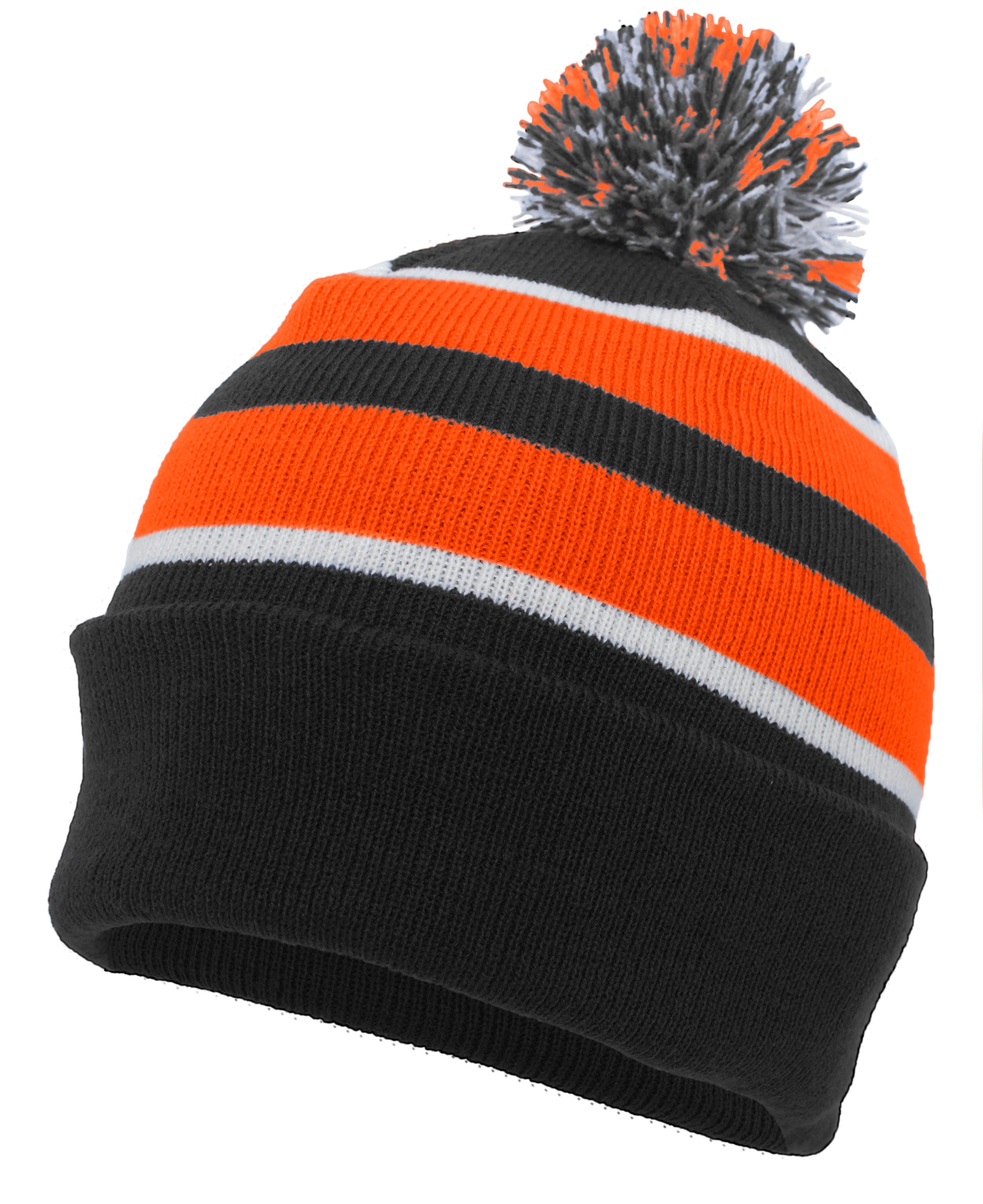Knit Fold Over Pom-Pom Beanie - OS - BLACK/ORANGE/WHITE
