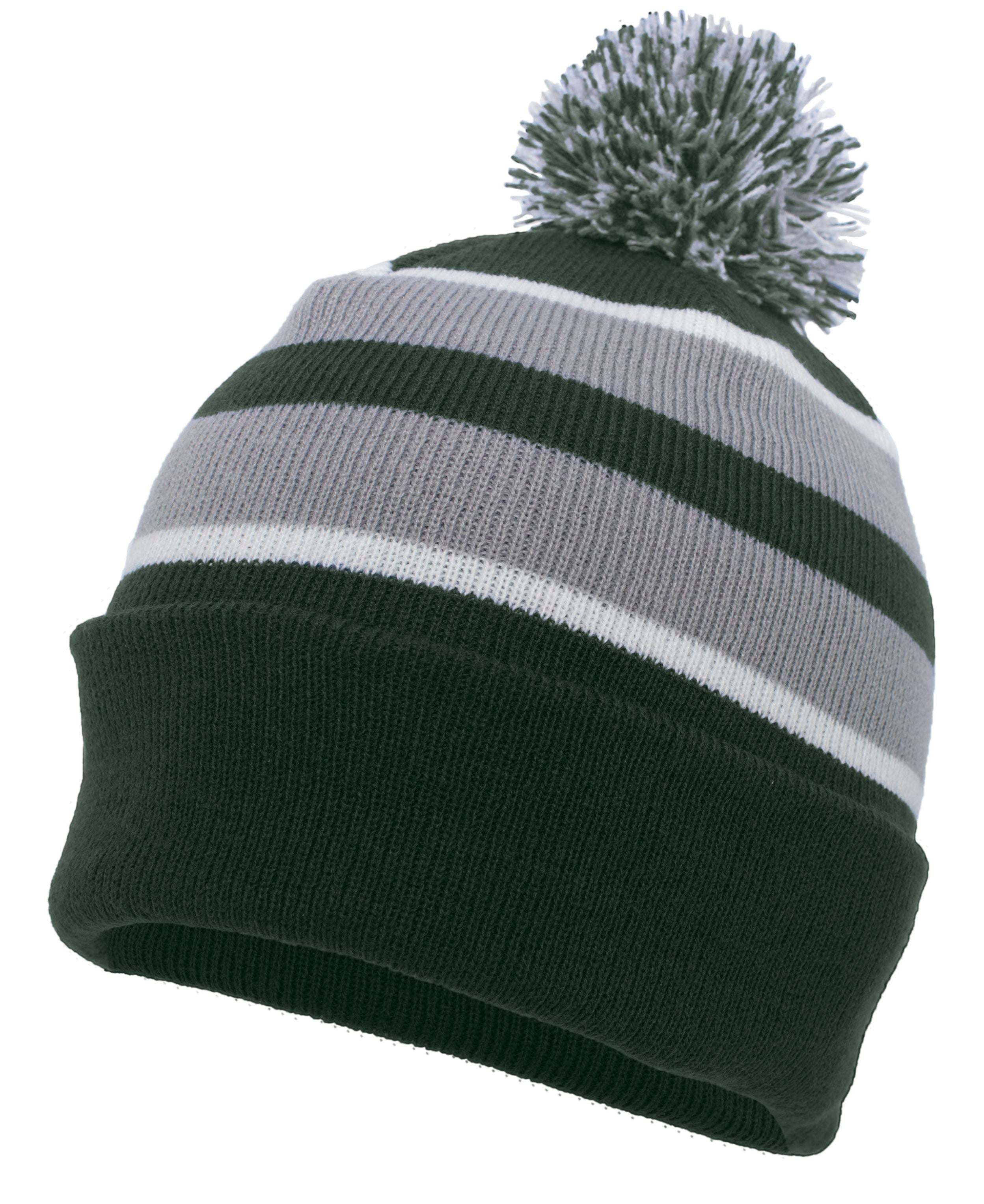Knit Fold Over Pom-Pom Beanie - OS - DARK GREEN/SILVER/WHITE