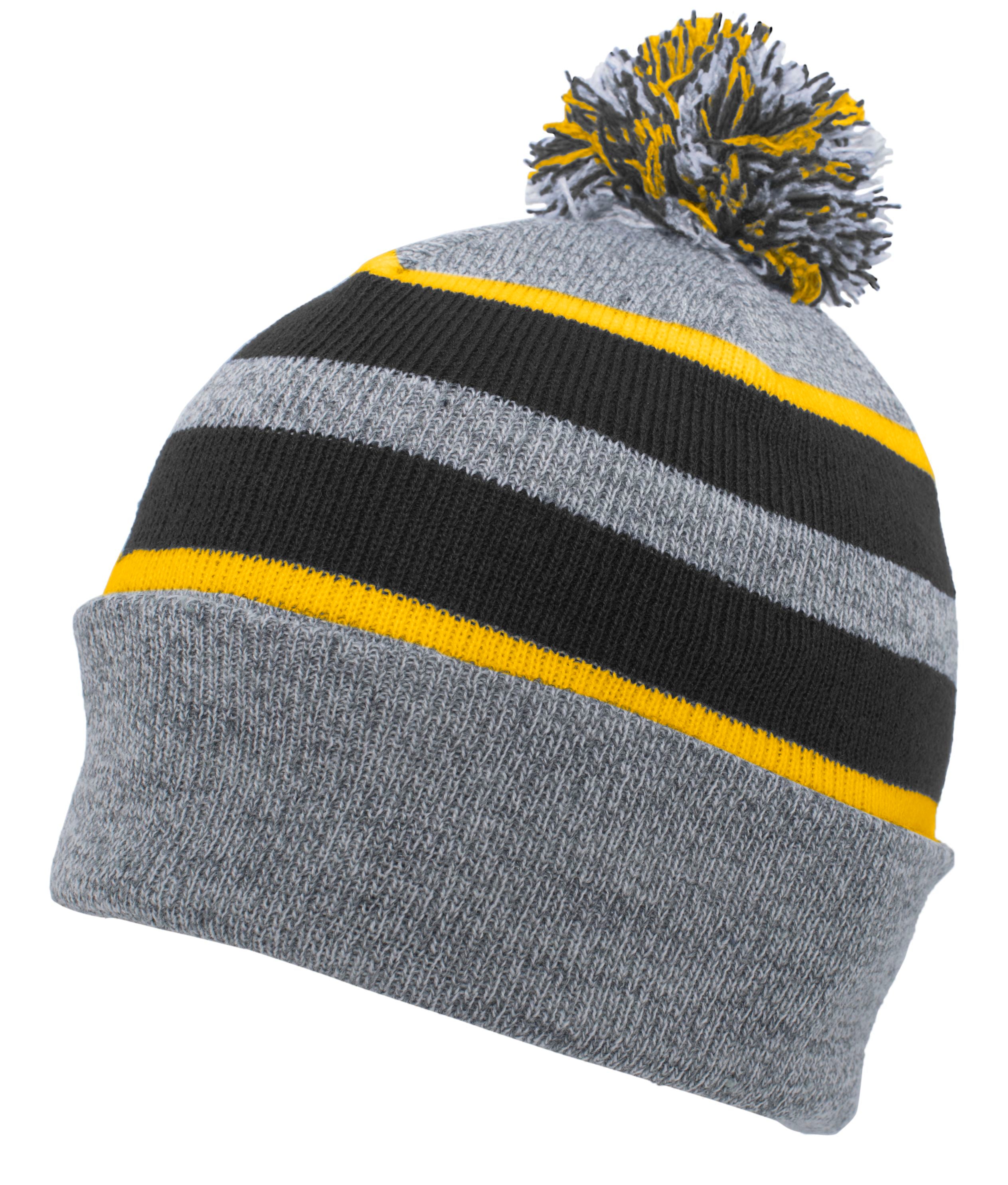 Knit Fold Over Pom-Pom Beanie - OS - HEATHER/BLACK/GOLD