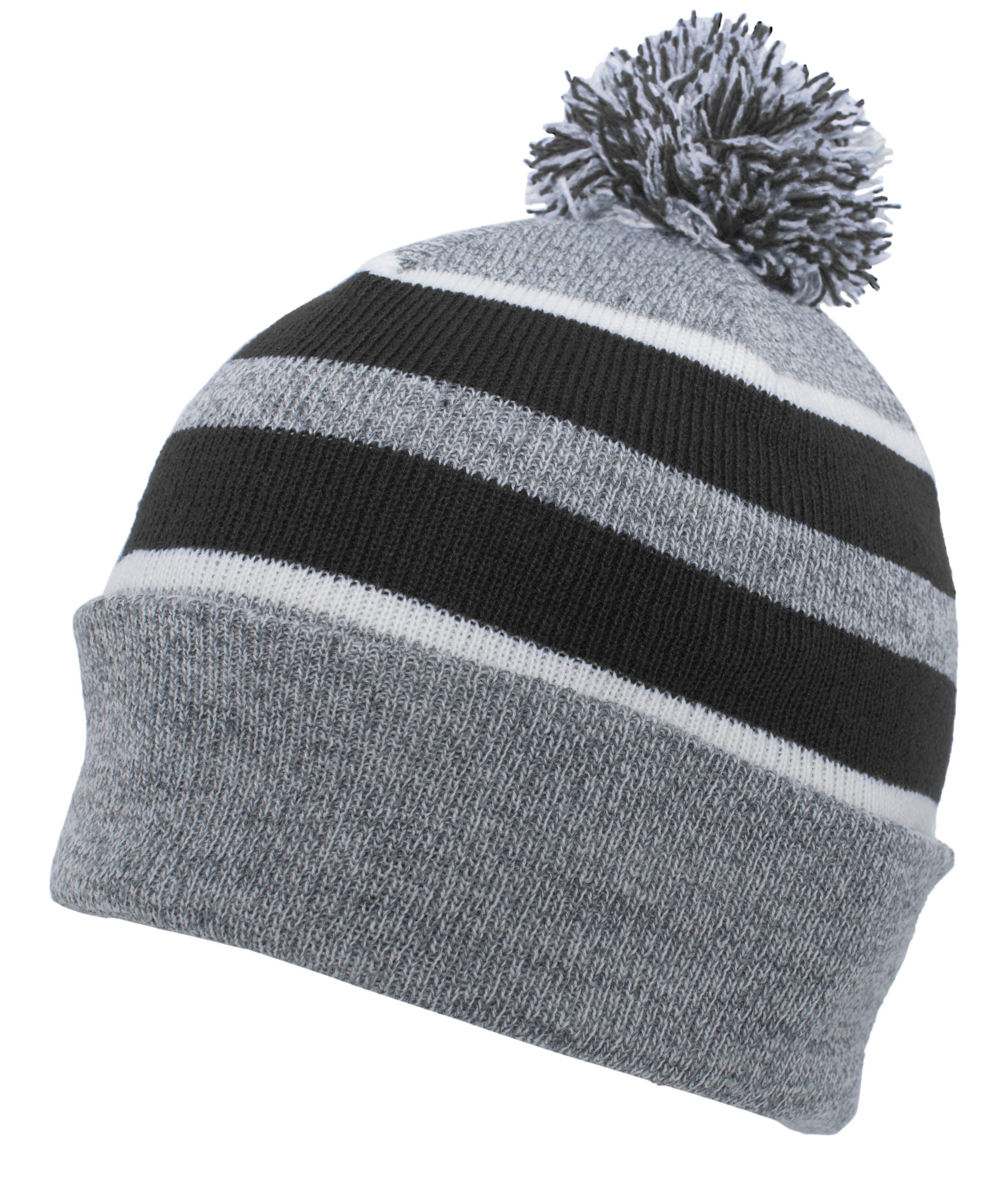 Knit Fold Over Pom-Pom Beanie - OS - HEATHER/BLACK/WHITE