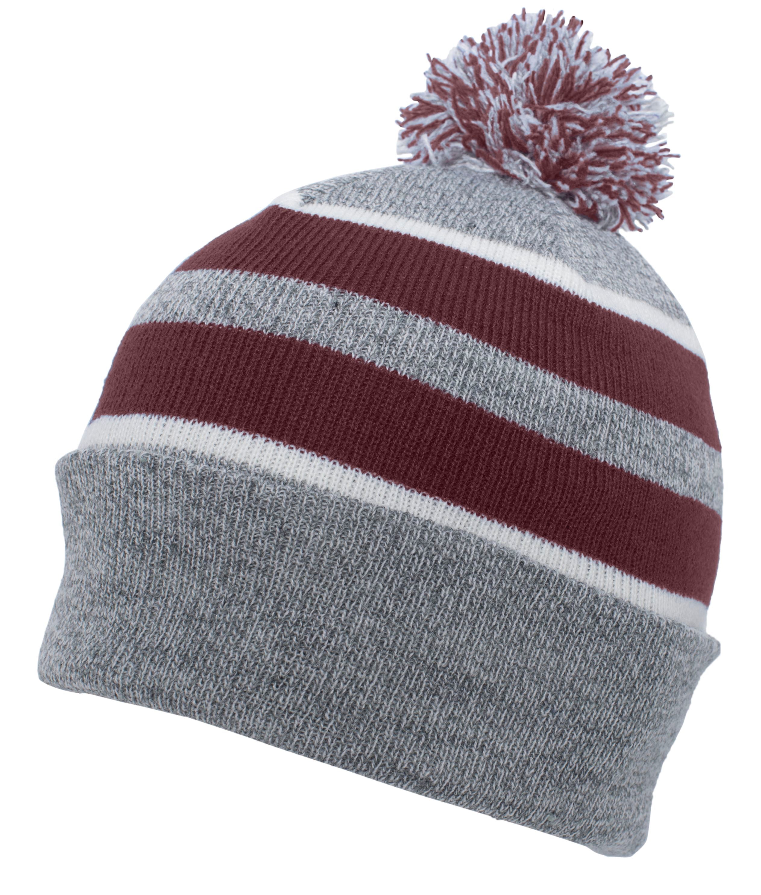 Knit Fold Over Pom-Pom Beanie - OS - HEATHER/MAROON/WHITE