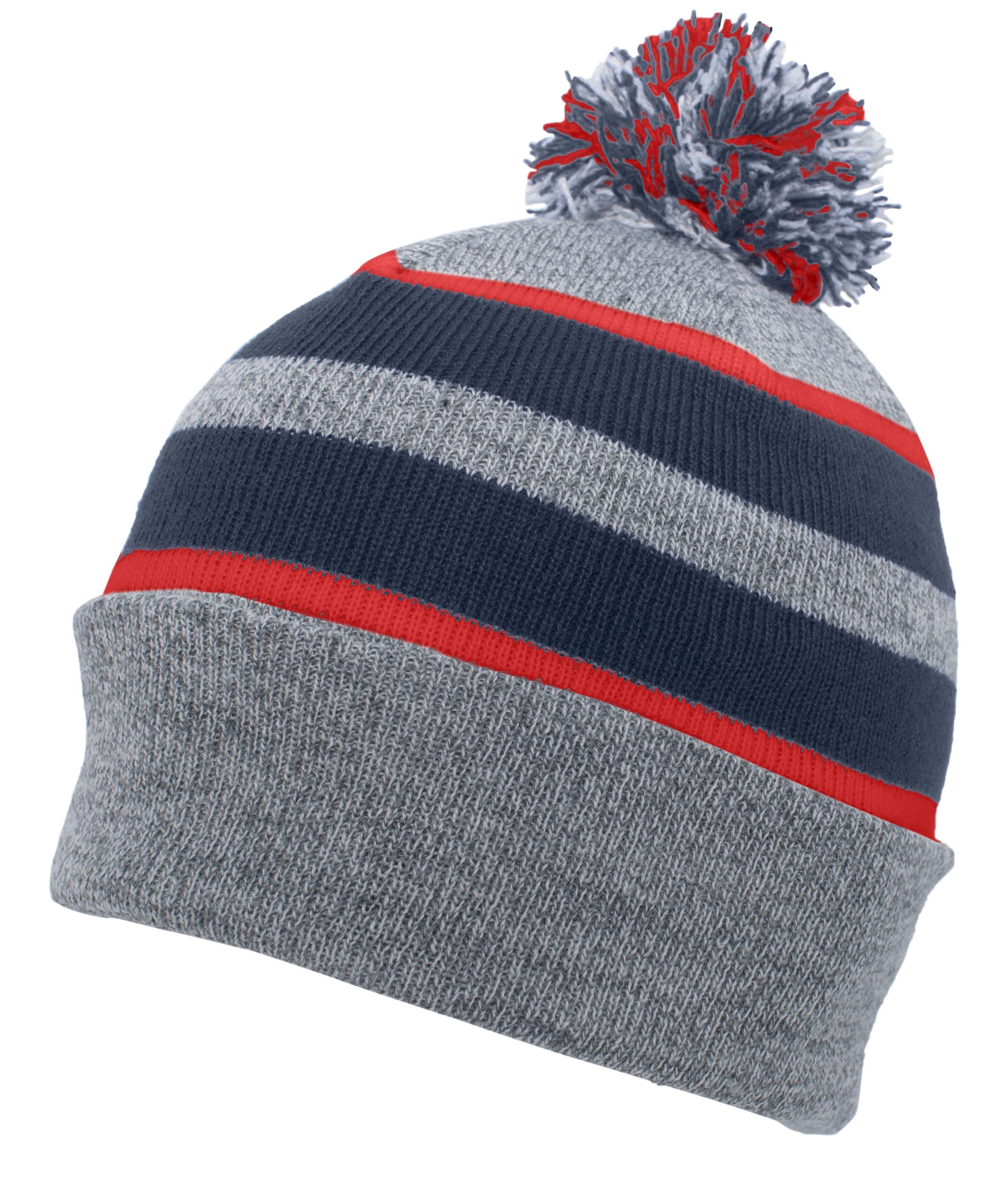 Knit Fold Over Pom-Pom Beanie - OS - HEATHER/NAVY/RED