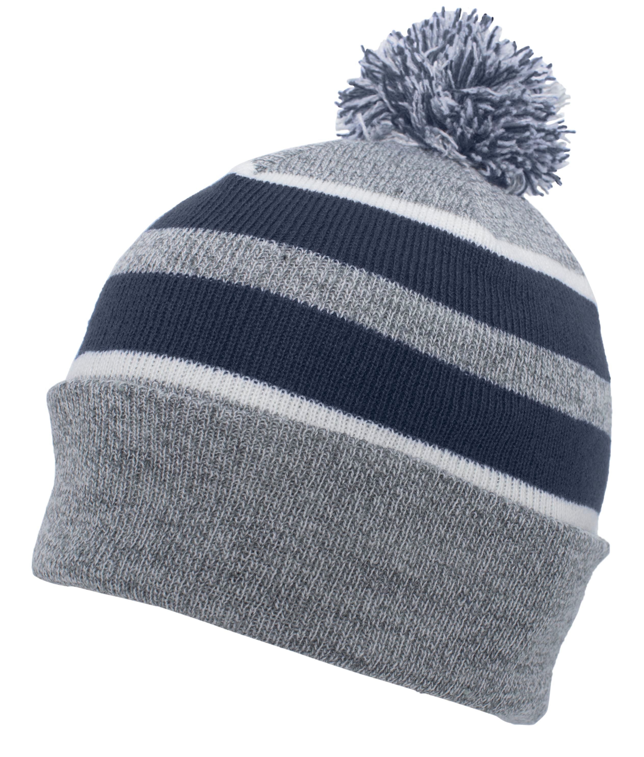 Knit Fold Over Pom-Pom Beanie - OS - HEATHER/NAVY/WHITE