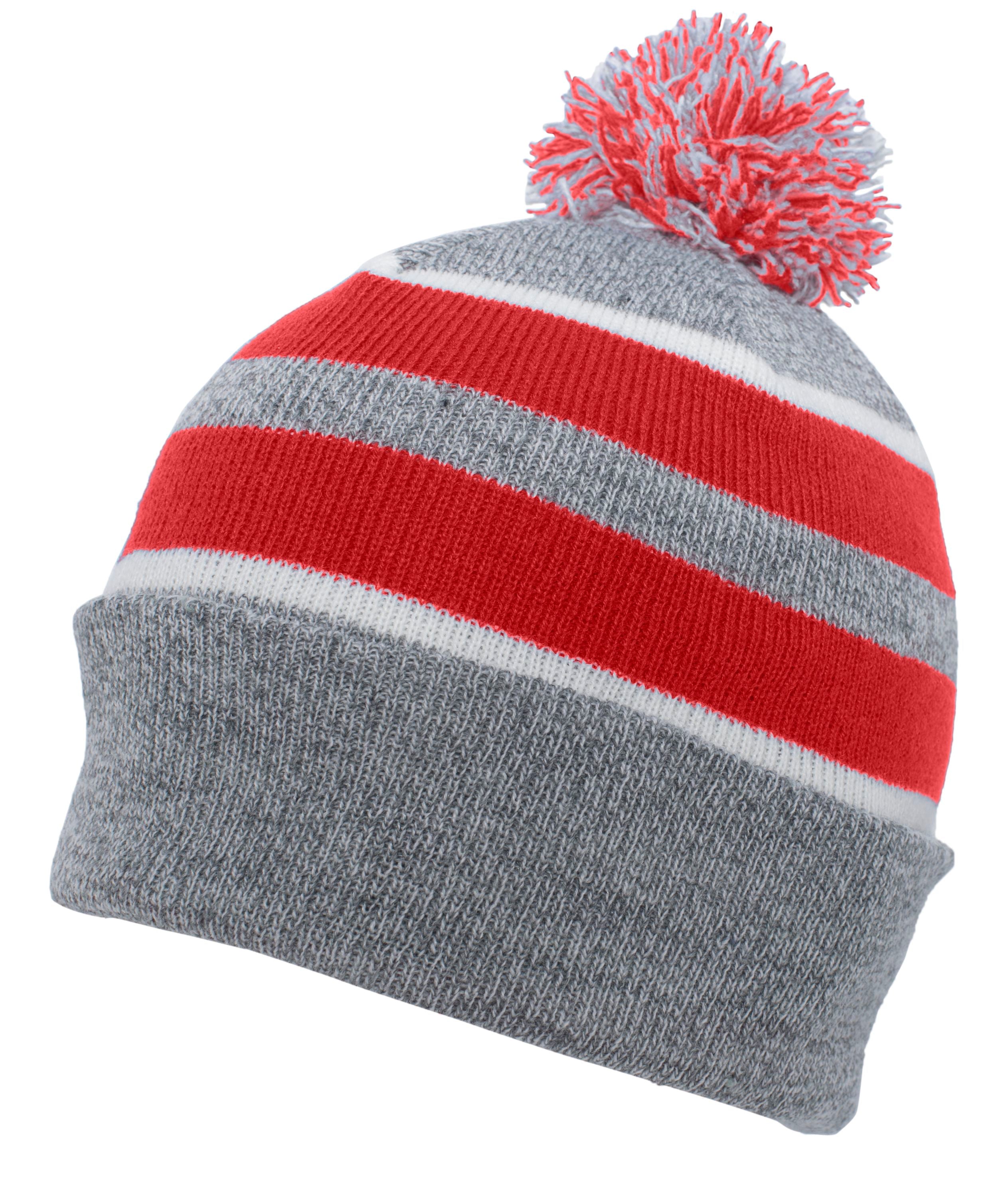Knit Fold Over Pom-Pom Beanie - OS - HEATHER/RED/WHITE