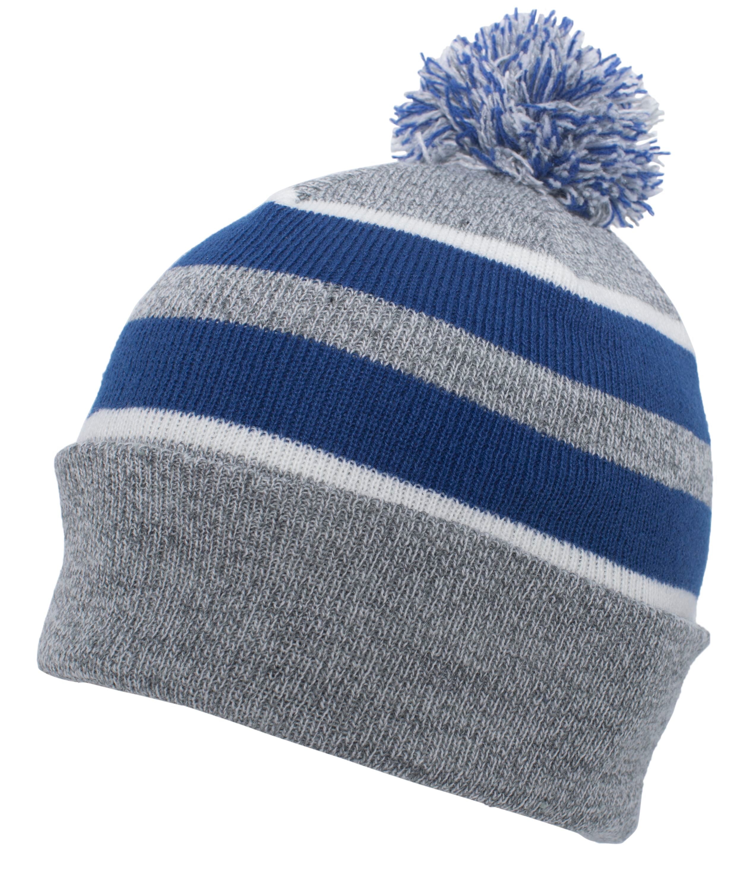 Knit Fold Over Pom-Pom Beanie - OS - HEATHER/ROYAL/WHITE