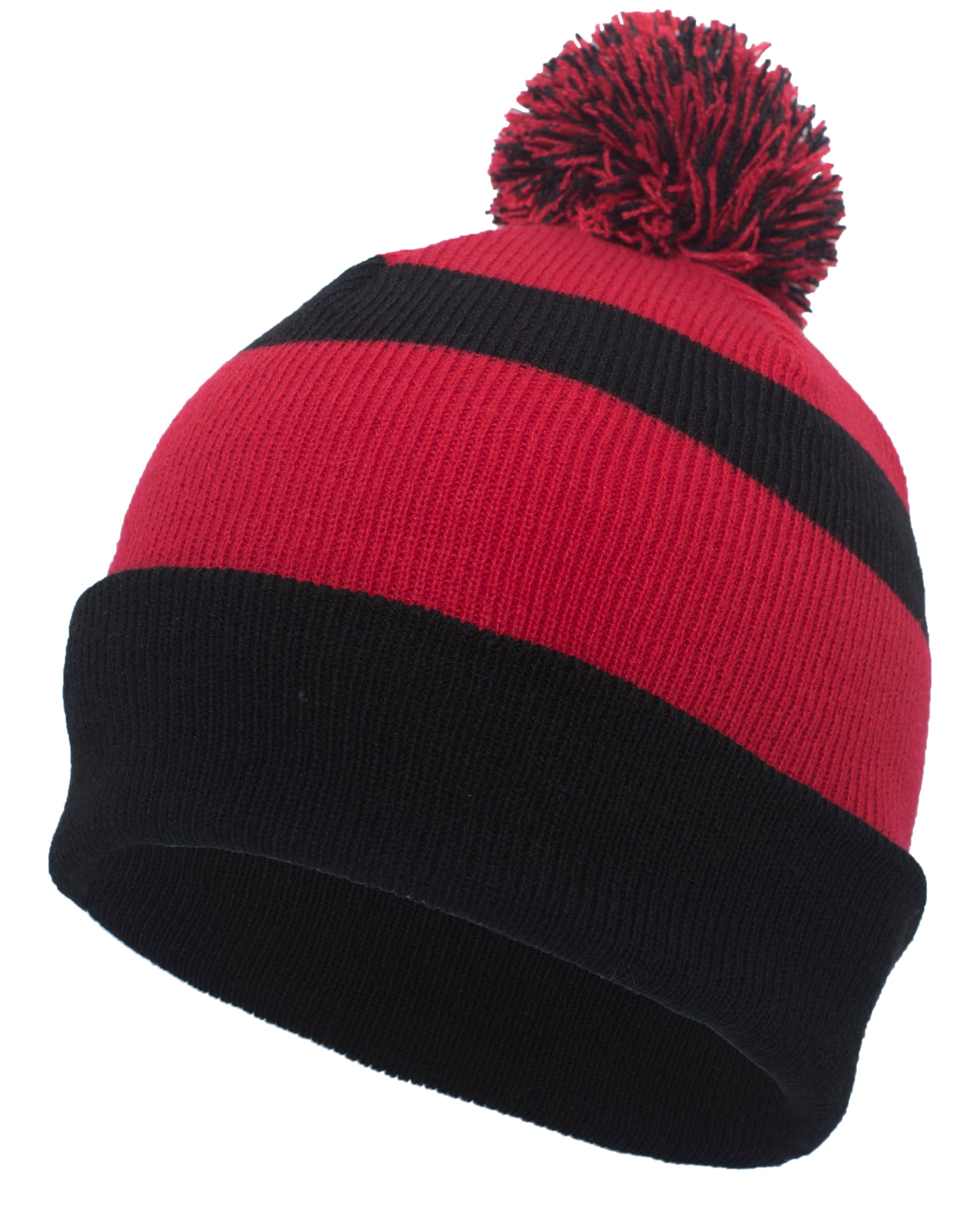 Knit Fold Over Pom-Pom Beanie - OS - BLACK/RED/BLACK