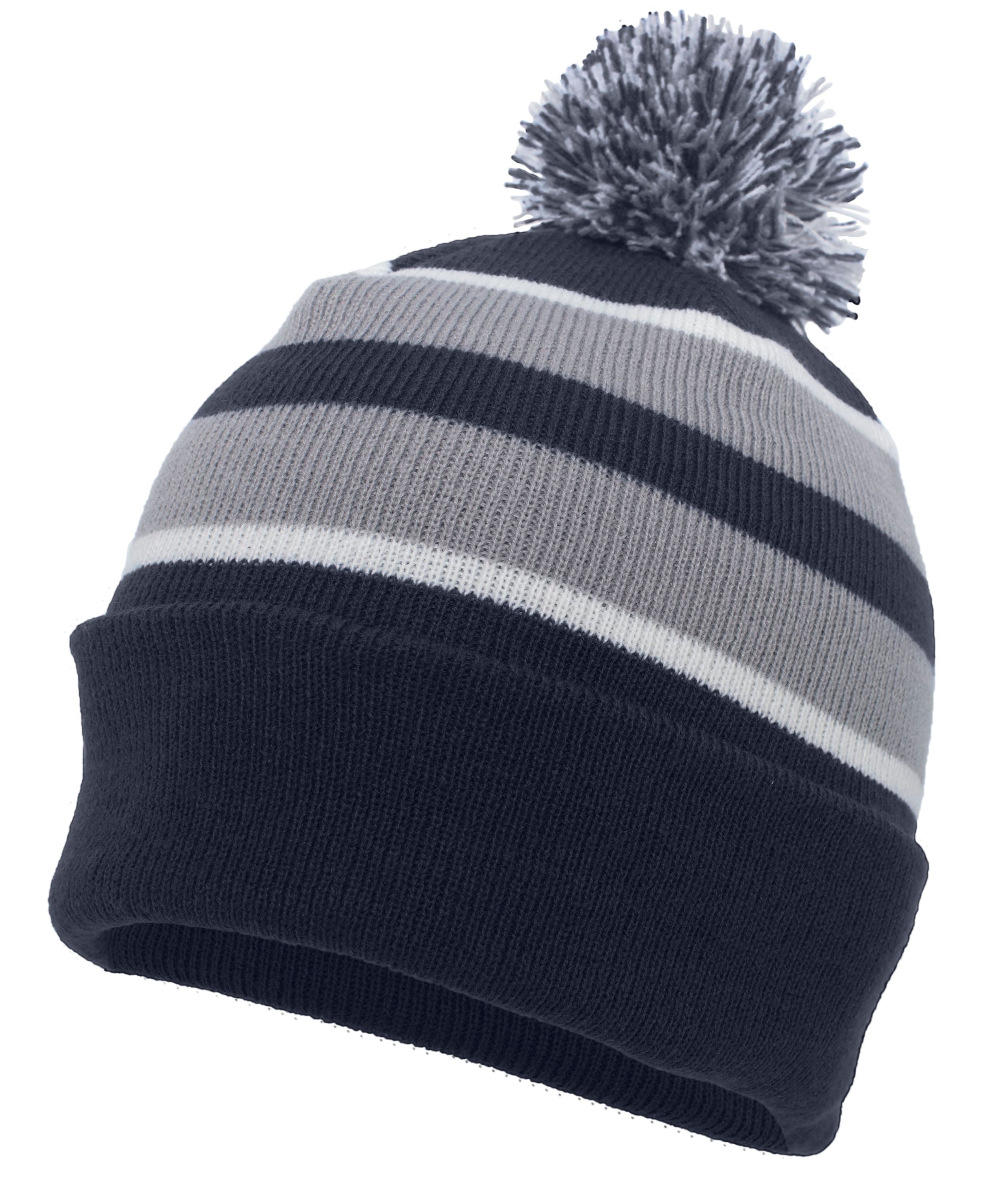 Knit Fold Over Pom-Pom Beanie - OS - NAVY/SILVER/WHITE