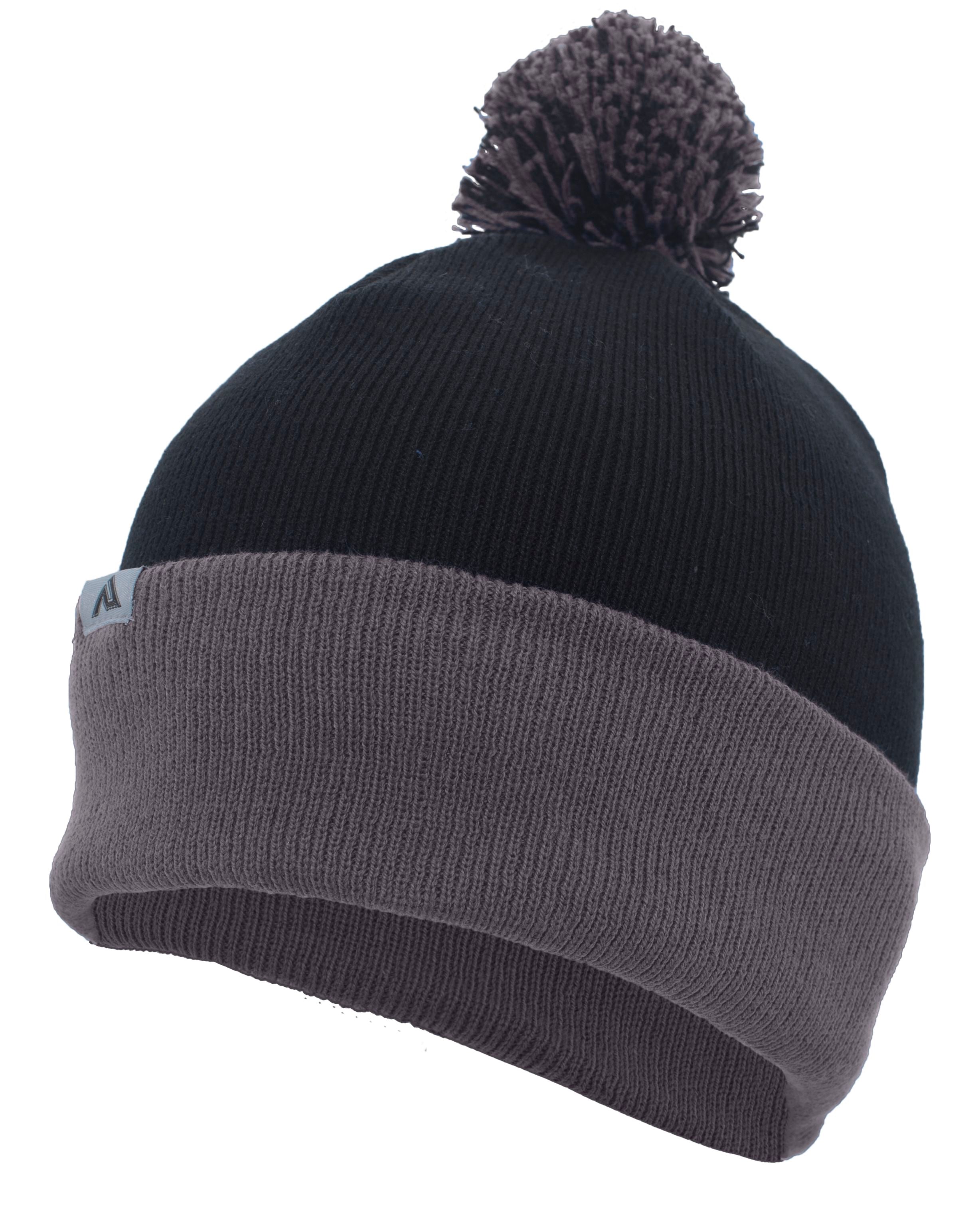 Knit Fold Over Pom-Pom Beanie - OS - BLACK/GRAPHITE