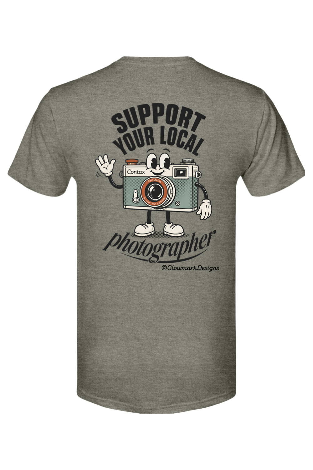 Support Your Local Photographer tee in Venetian Grey, back view