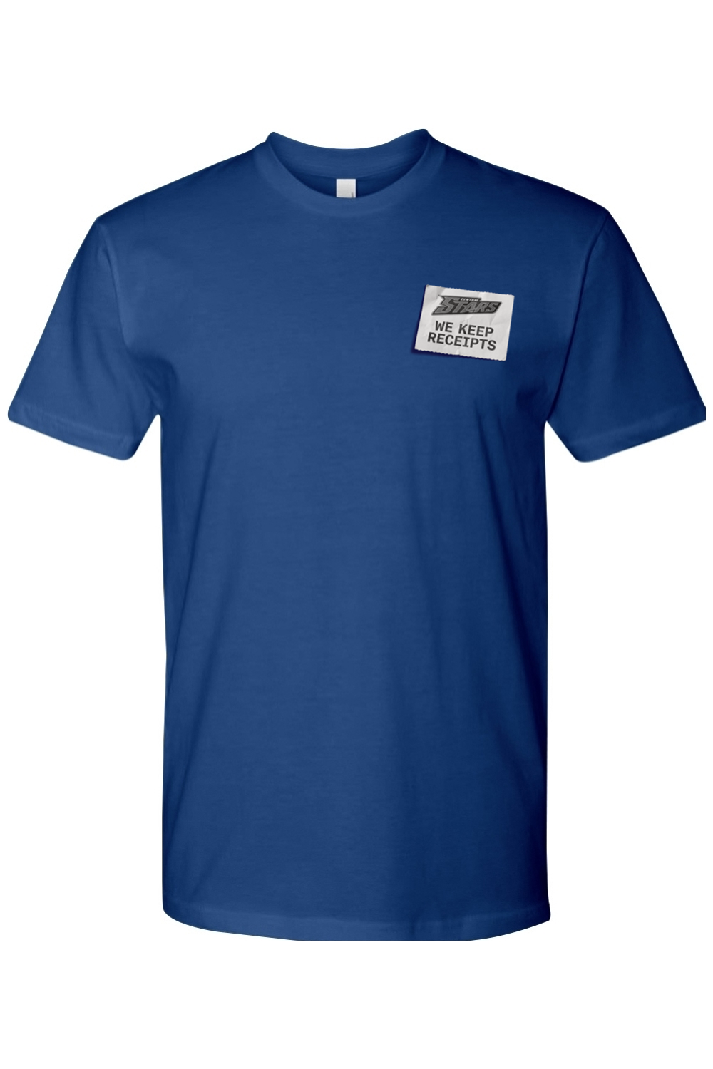 Royal blue Central Stars tee, front view — a torn receipt stub with the Central Stars logo and the words We Keep Receipts