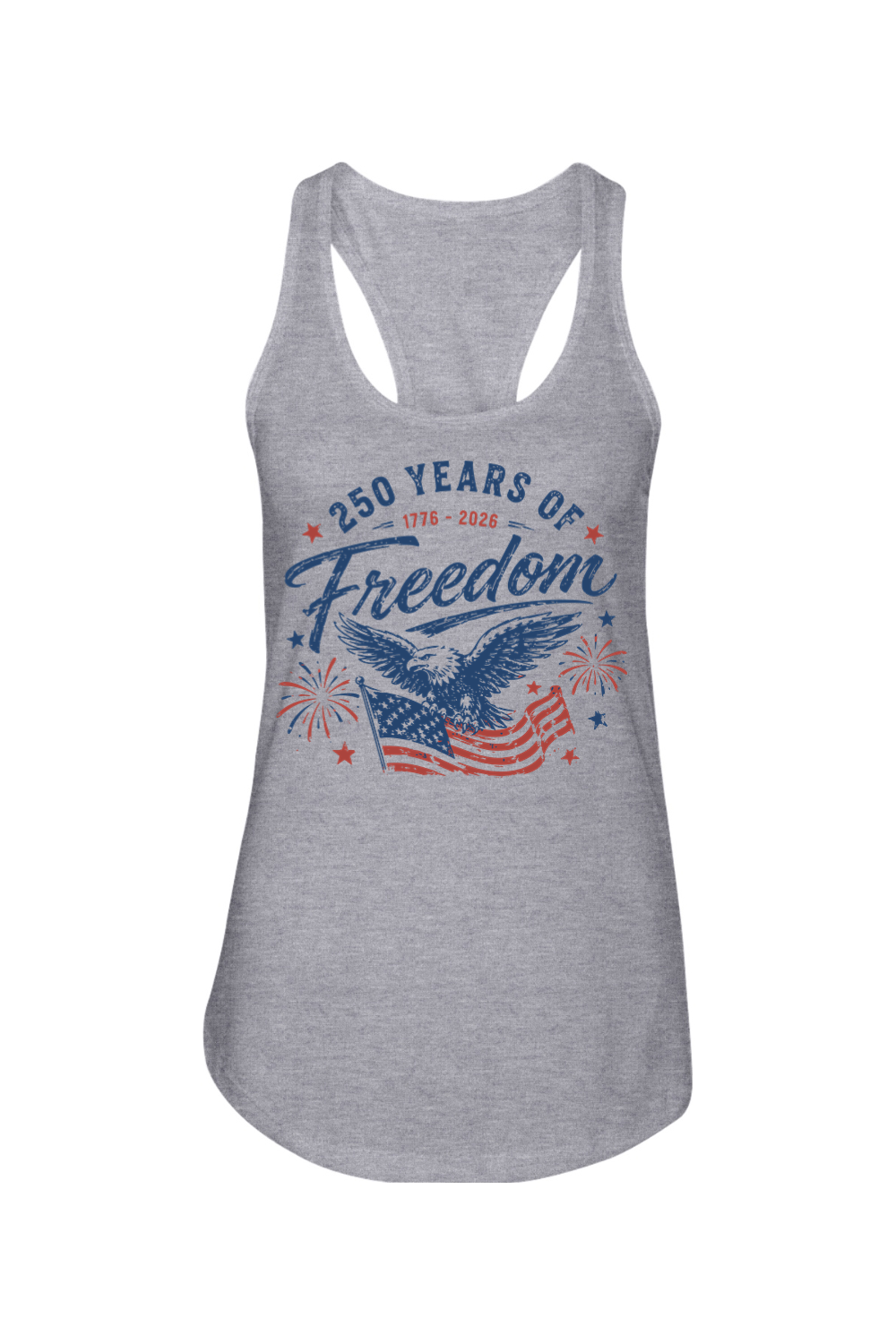 250 Years of Freedom women's racerback tank in Heather Grey, front view