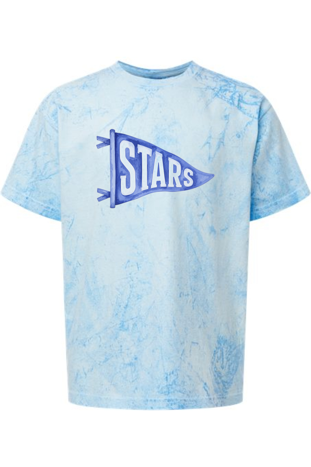 Youth Central Stars Watercolor Pennant tee in Fiji Blue, front view
