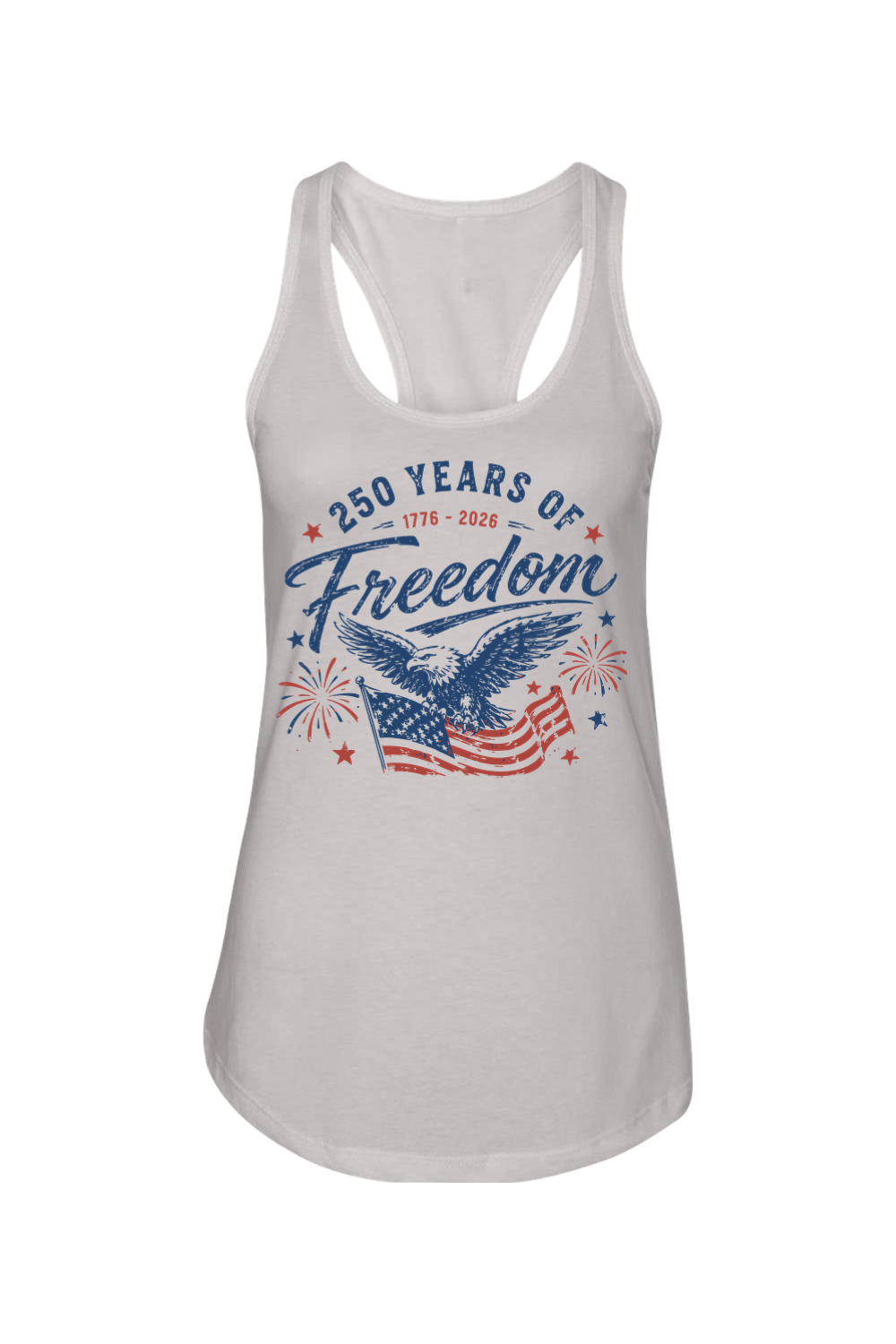 250 Years of Freedom women's racerback tank in Silver, front view