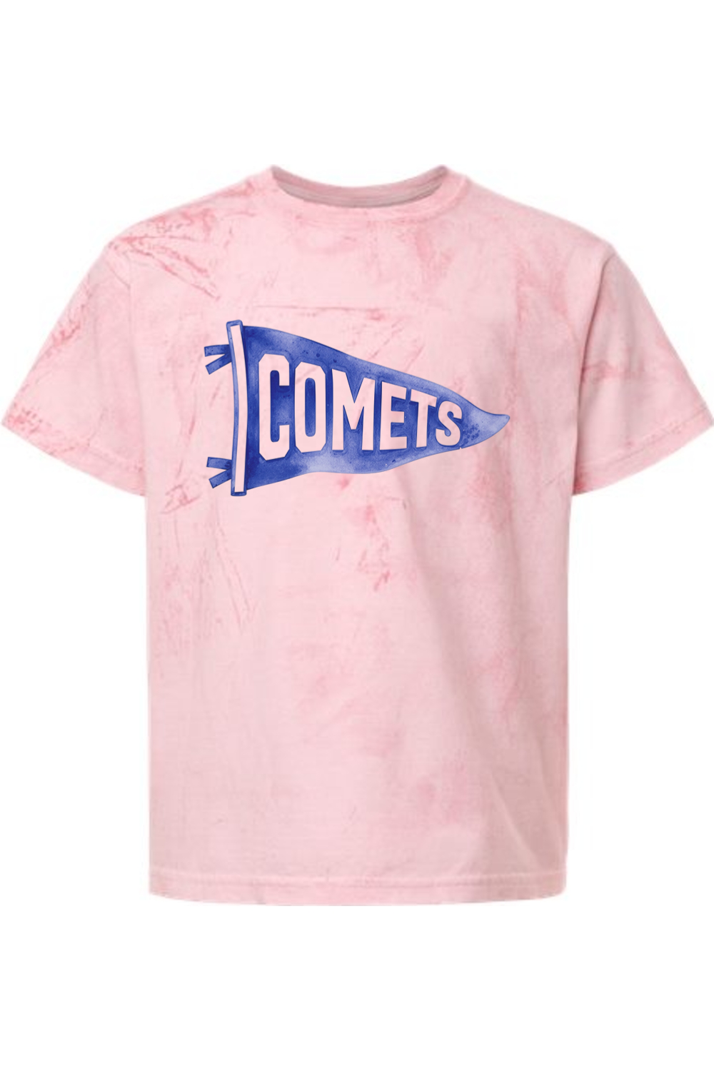 Youth Central Comets Watercolor Pennant tee in Hibiscus, front view