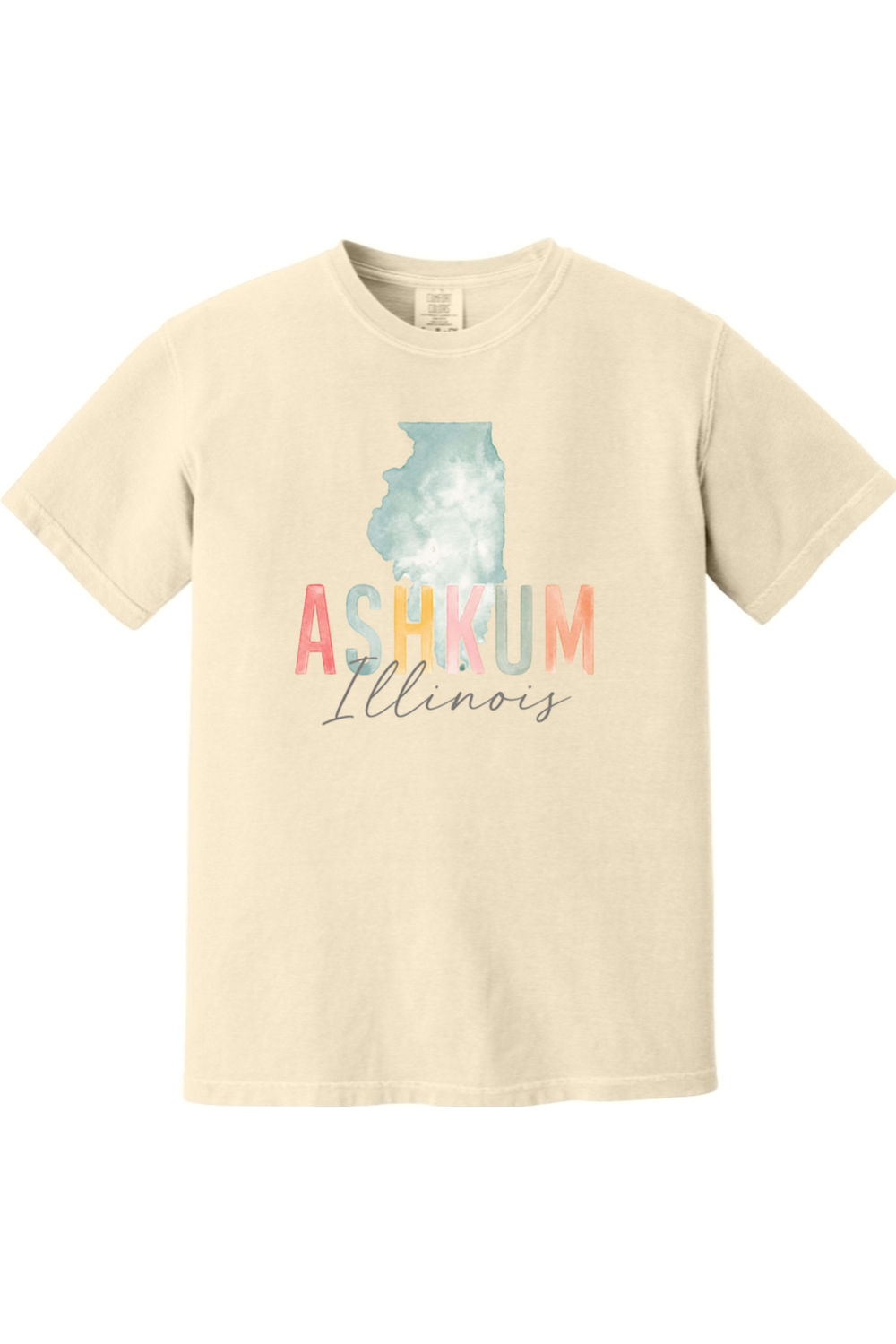 Ashkum, Illinois watercolor design tee in Ivory, front view