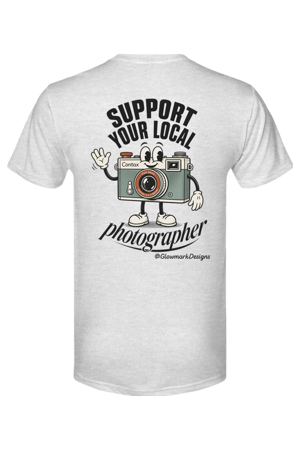 Support Your Local Photographer tee in Heather White, back view