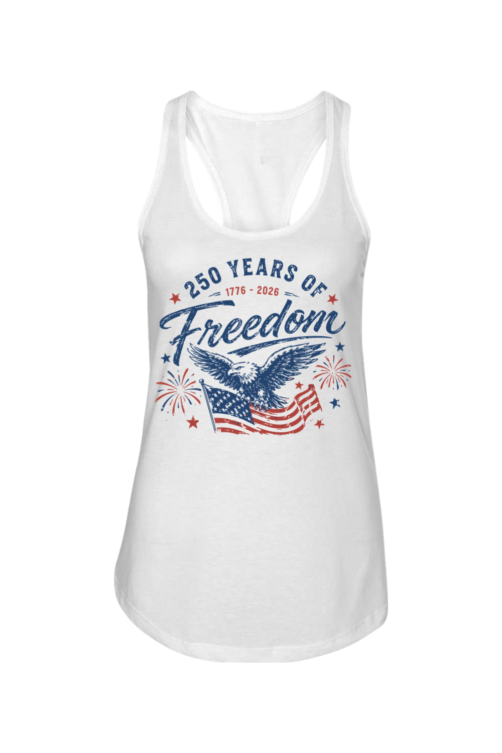 250 Years of Freedom women's racerback tank in White, front view