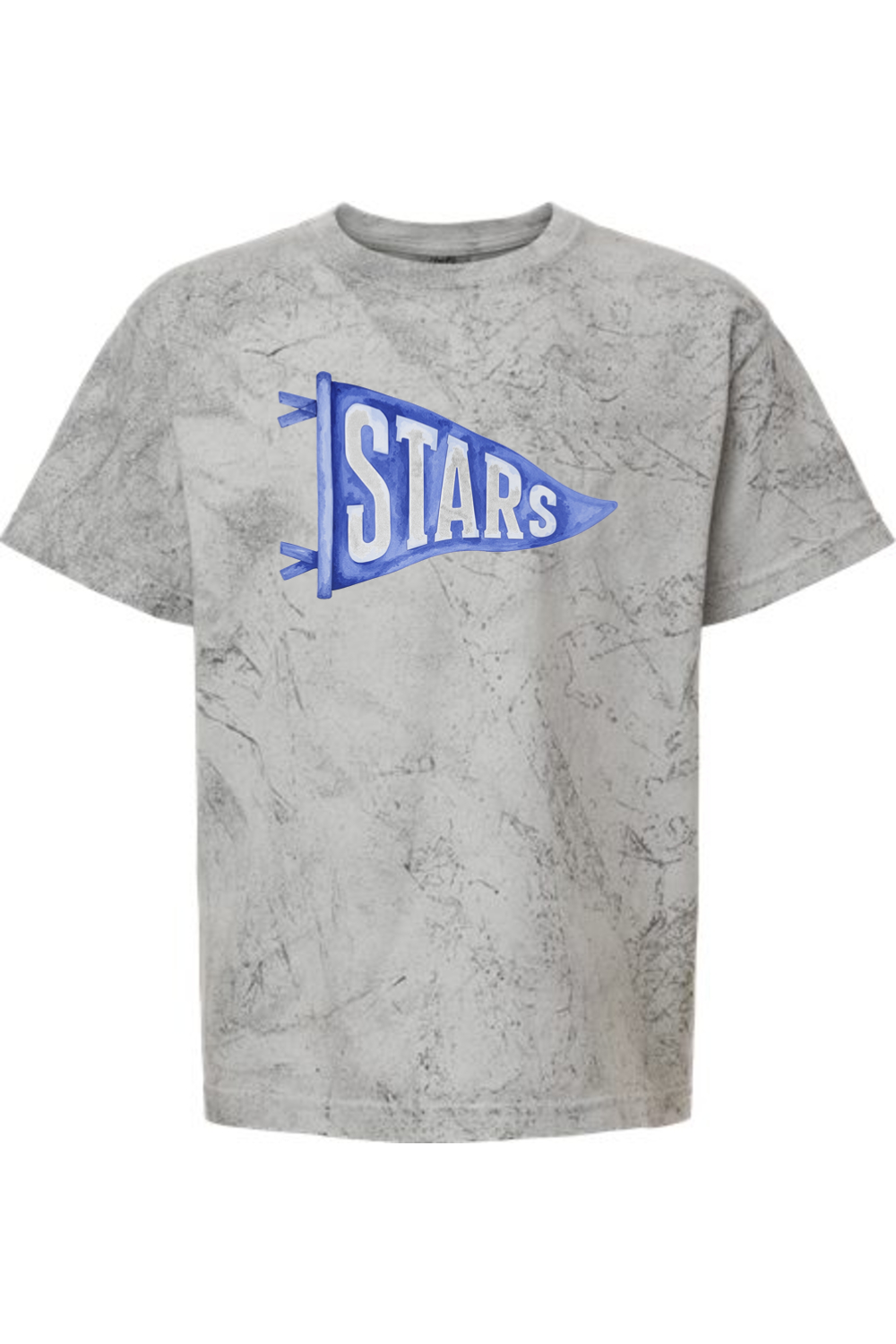Youth Central Stars Watercolor Pennant tee in Smoke, front view