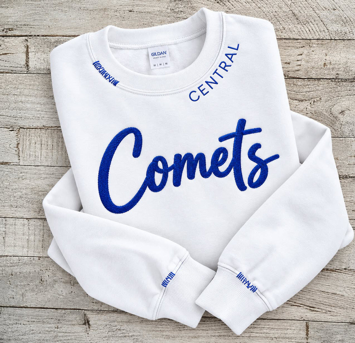 White Central Comets crewneck with royal blue 3D puff Comets script and CENTRAL stitched on the collar