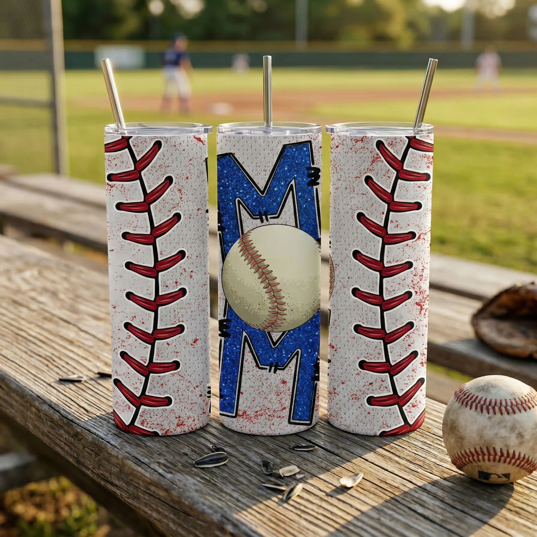 The "Baseball Mom" 20oz Skinny Tumbler - Blue Glitter Edition