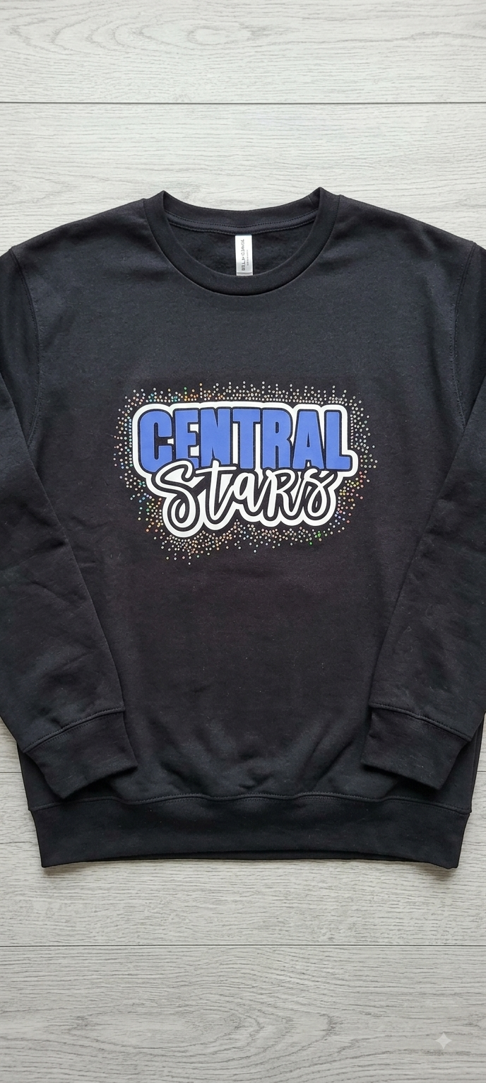 Black Central Stars Spangle Burst crewneck sweatshirt with blue and white logo surrounded by spangle sparkles